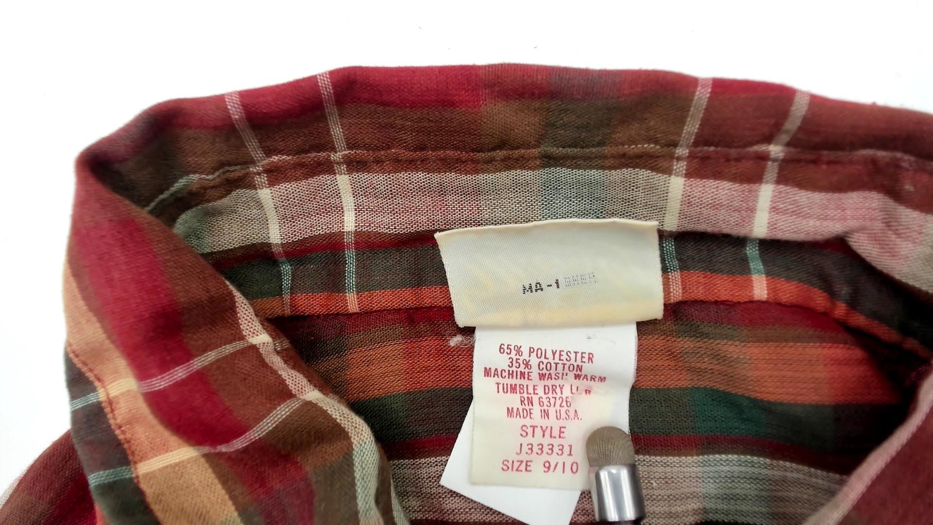 80s Plaid Button Down Shirt Red Green Embroidered Duck Cotton Small