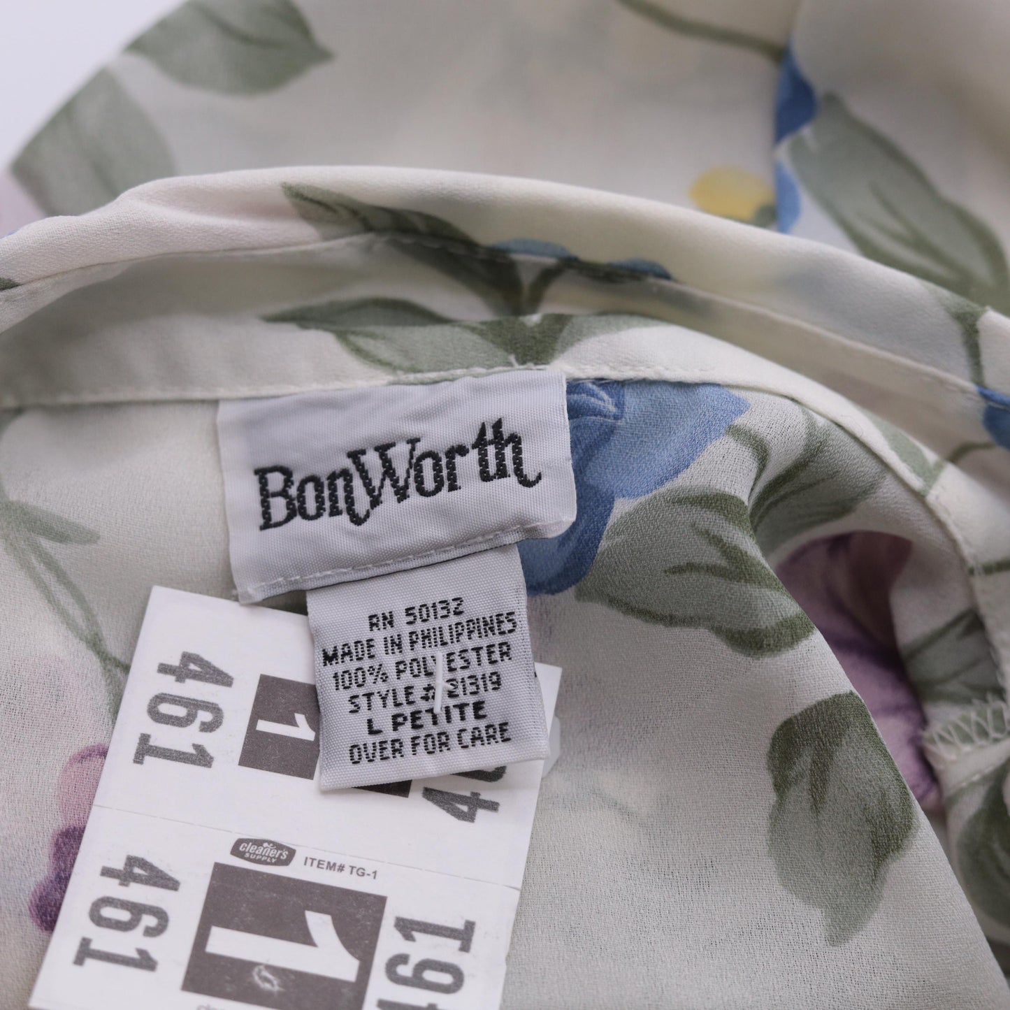 90s Bonworth Floral Button Down Blouse Cream Purple Blue Large Petite