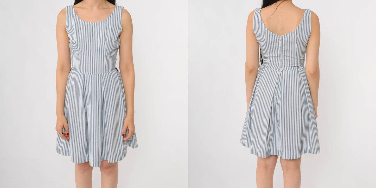 60s Blue White Striped Seersucker Sundress Sleeveless A-Line Scoop Neck Extra Small