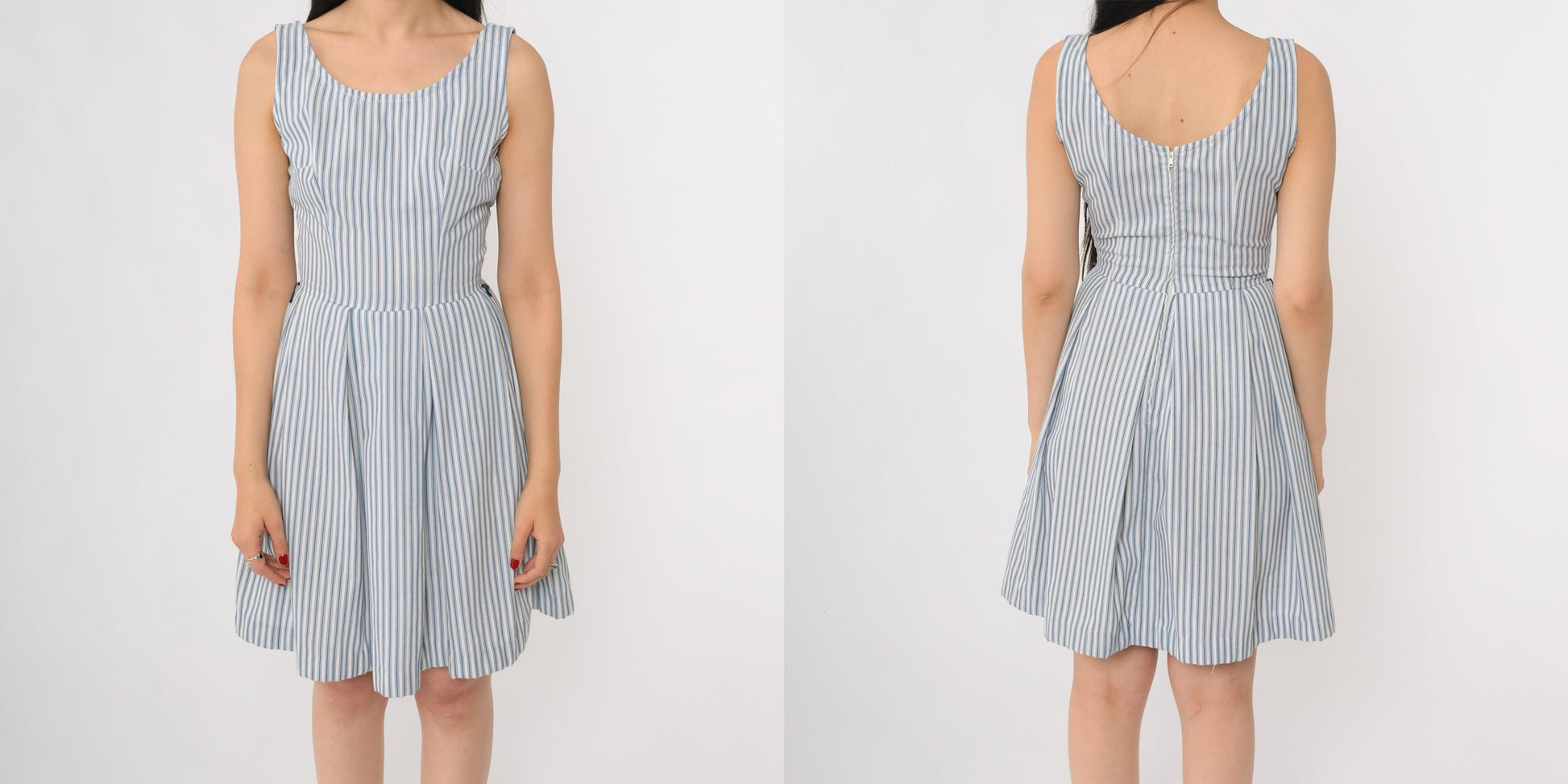 60s Blue White Striped Seersucker Sundress Sleeveless A-Line Scoop Neck Extra Small