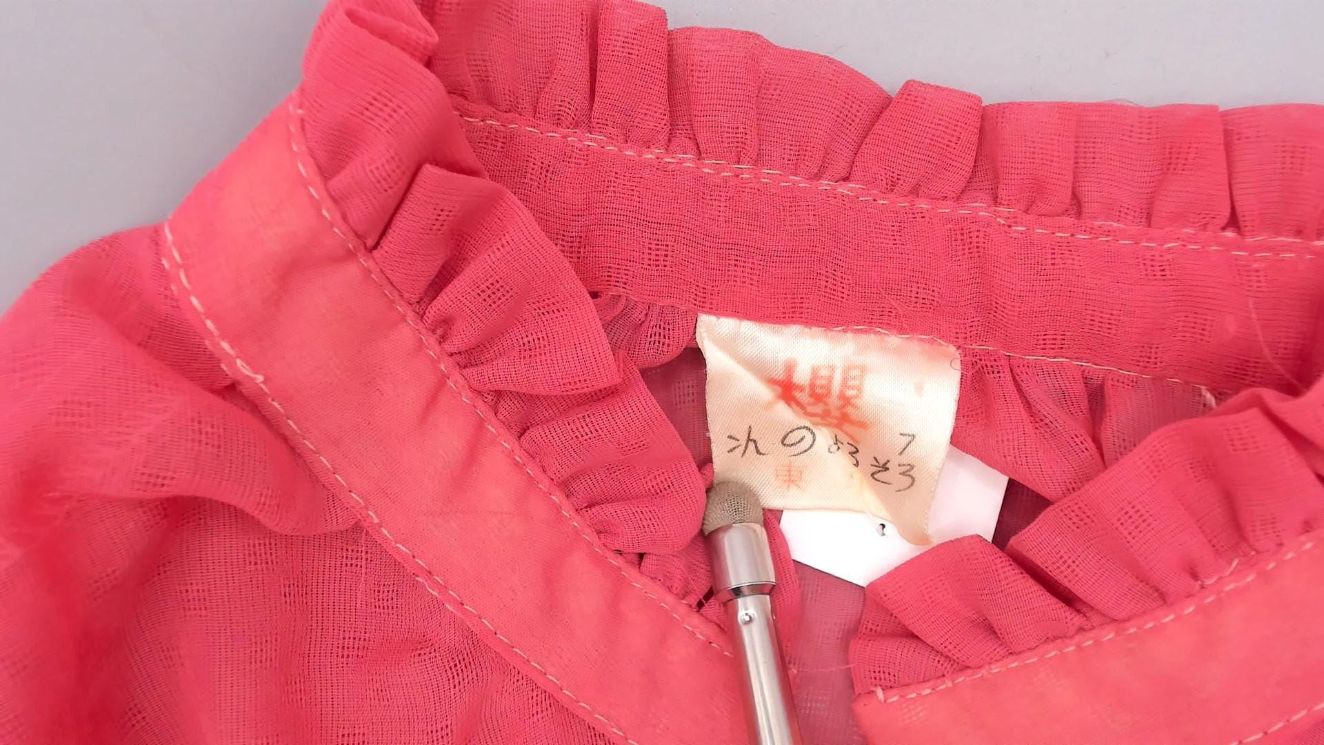 1970s Coral Pink Sheer Blouse Ruffle Collar Button Front Long Sleeve Small
