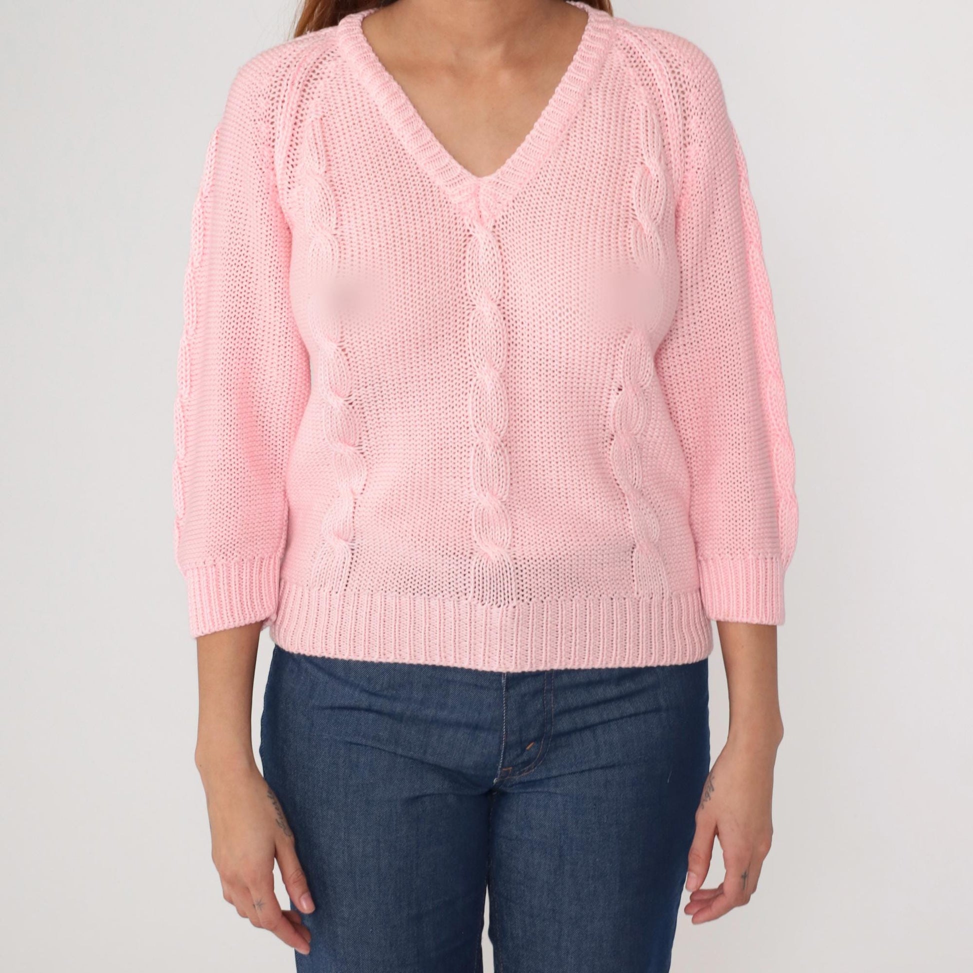 80s Pink Cable Knit V-Neck Pullover Sweater Medium