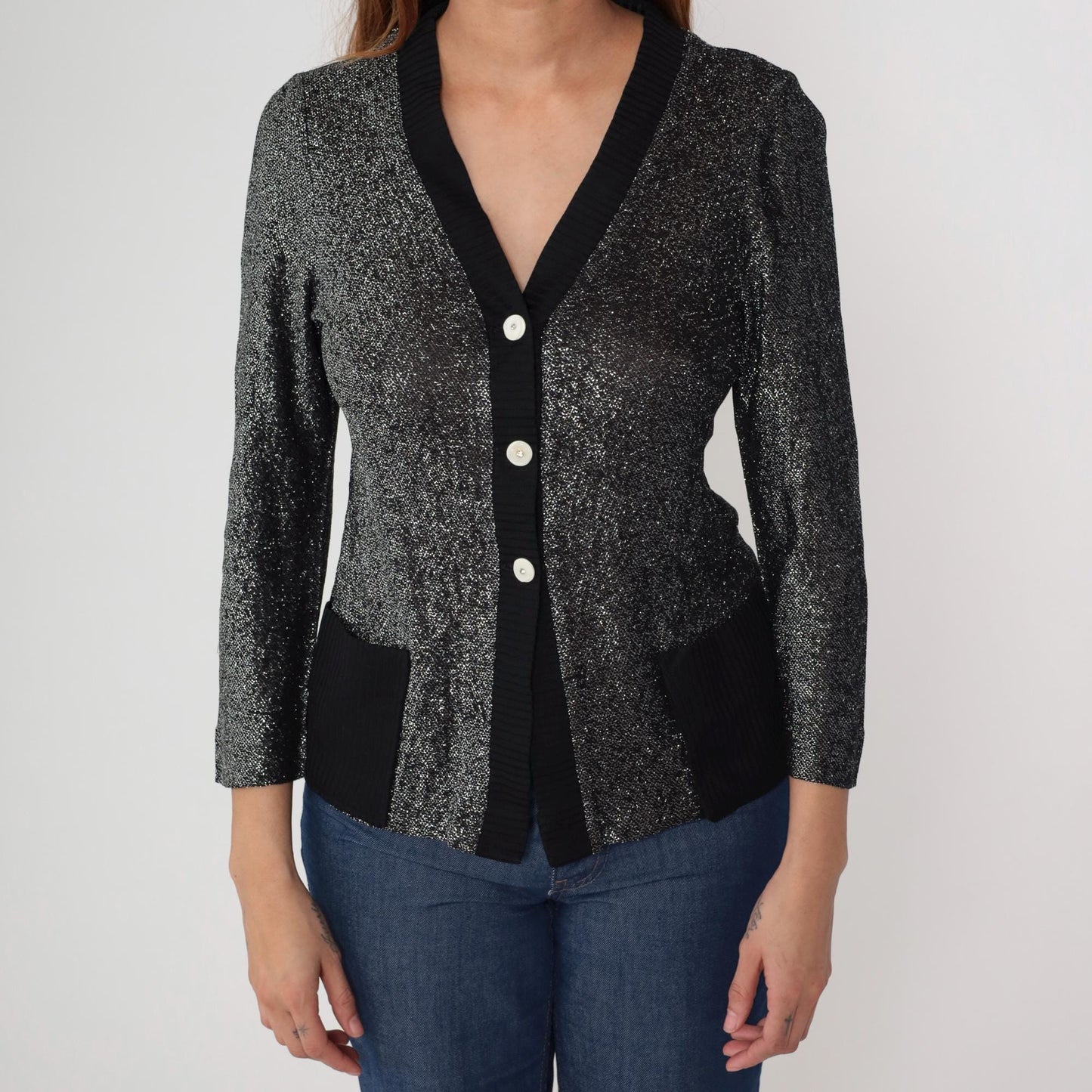 70s Black Silver Lurex Cardigan Deep V Button Front Metallic Knit Medium