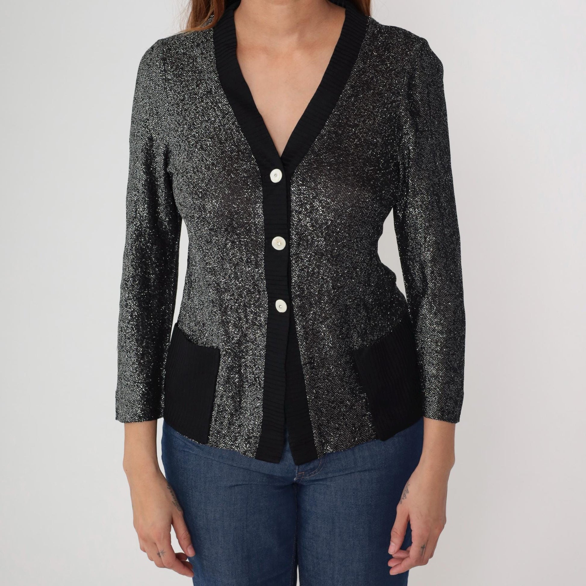 70s Black Silver Lurex Cardigan Deep V Button Front Metallic Knit Medium