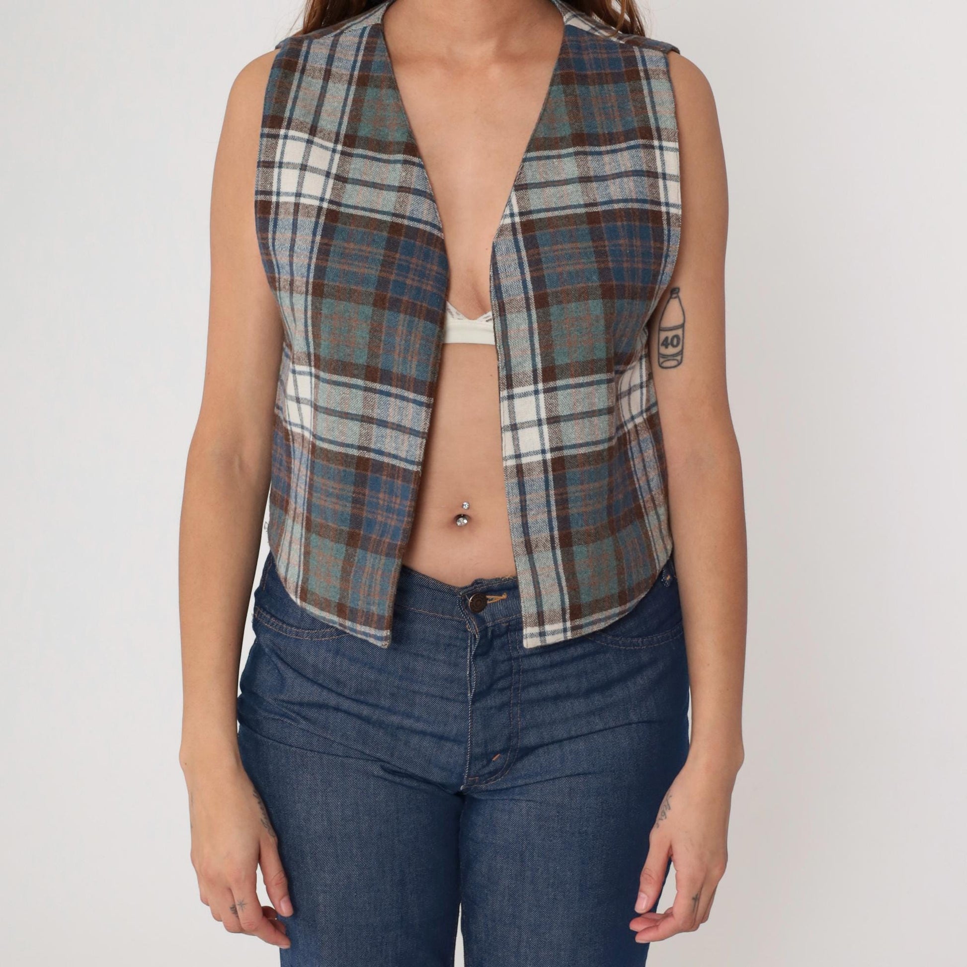 70s Plaid Reversible Vest Brown Blue Cream Tartan Waistcoat Medium