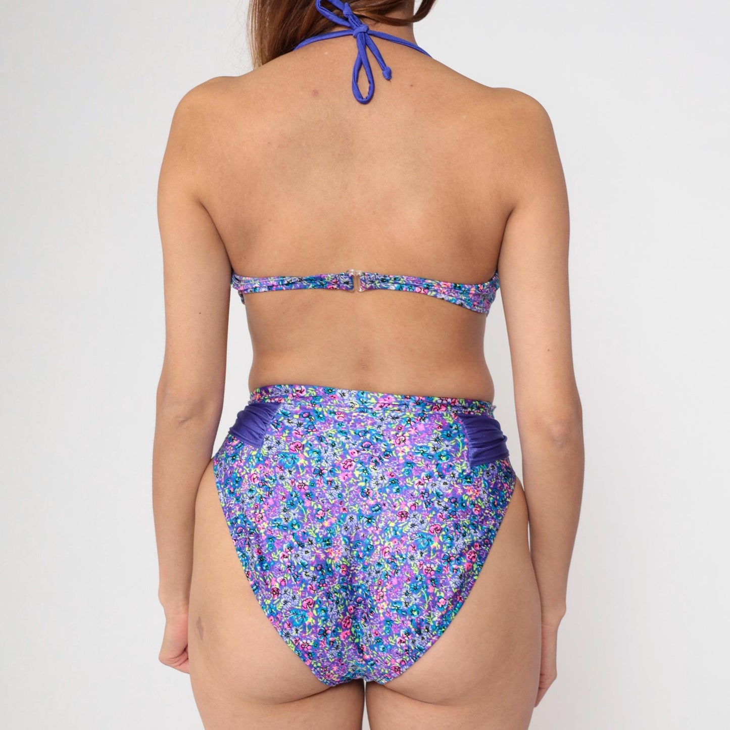 90s Sunsets Floral Bikini Purple Blue Pink Halter Underwire High Waist Medium