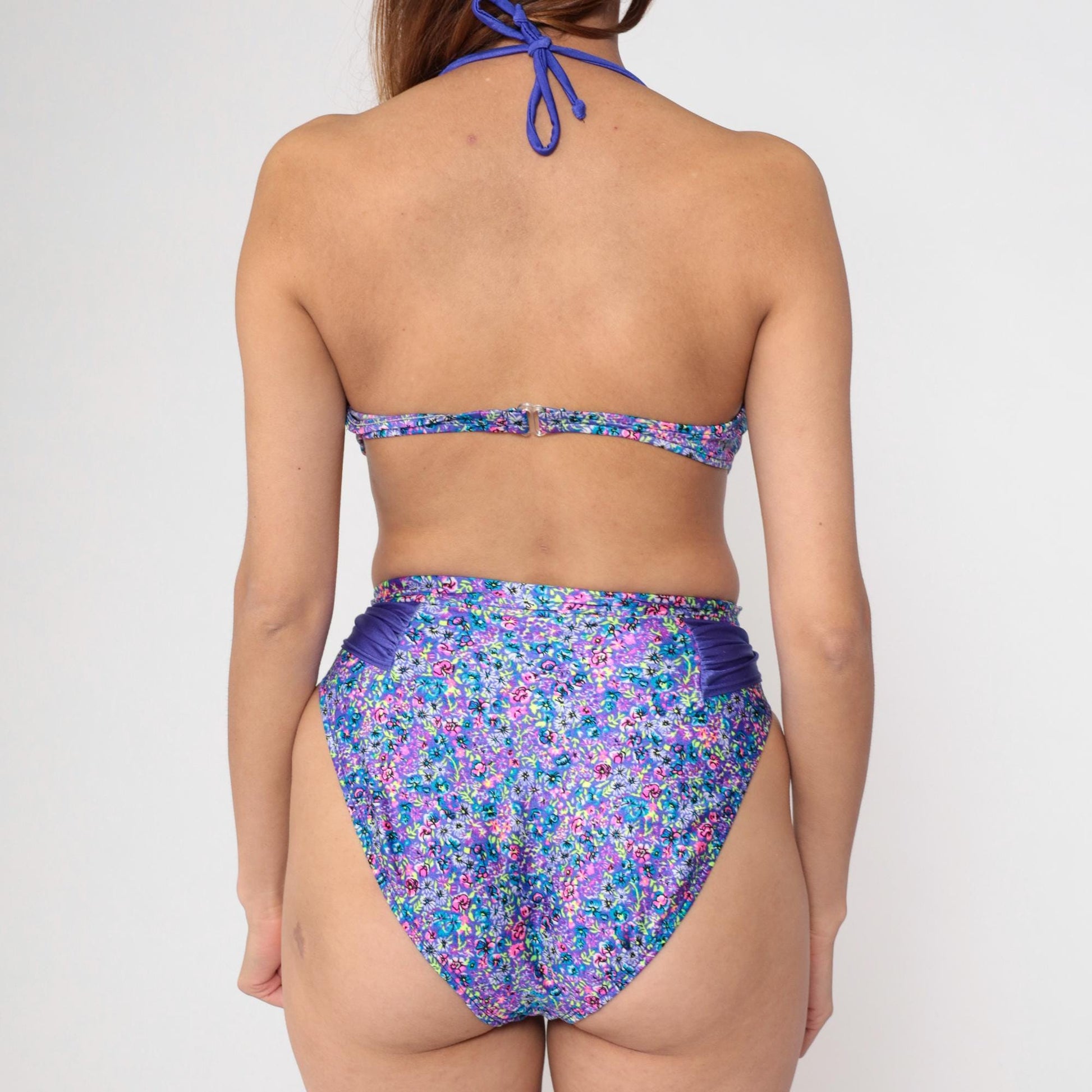 90s Sunsets Floral Bikini Purple Blue Pink Halter Underwire High Waist Medium