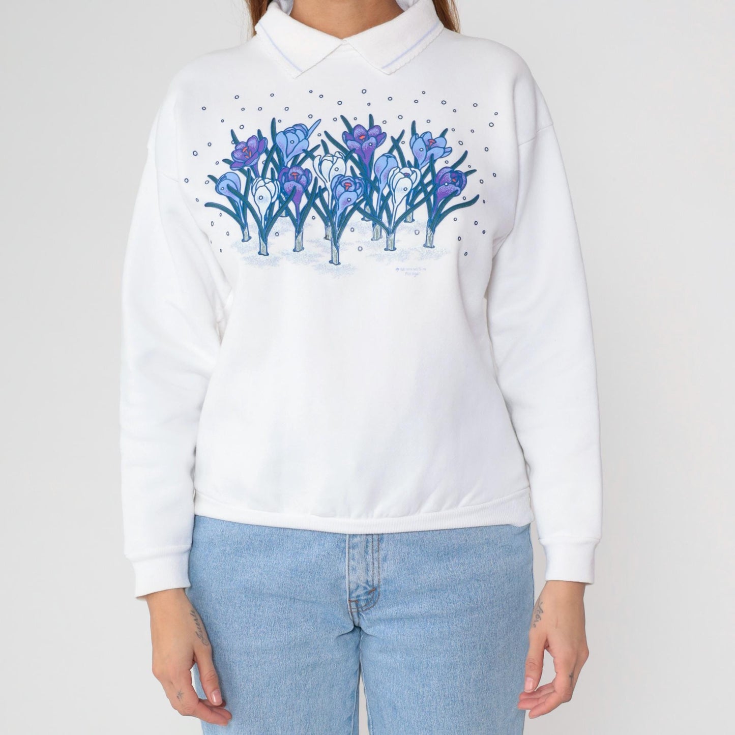 90s White Floral Puff Paint Collared Sweatshirt Medium M