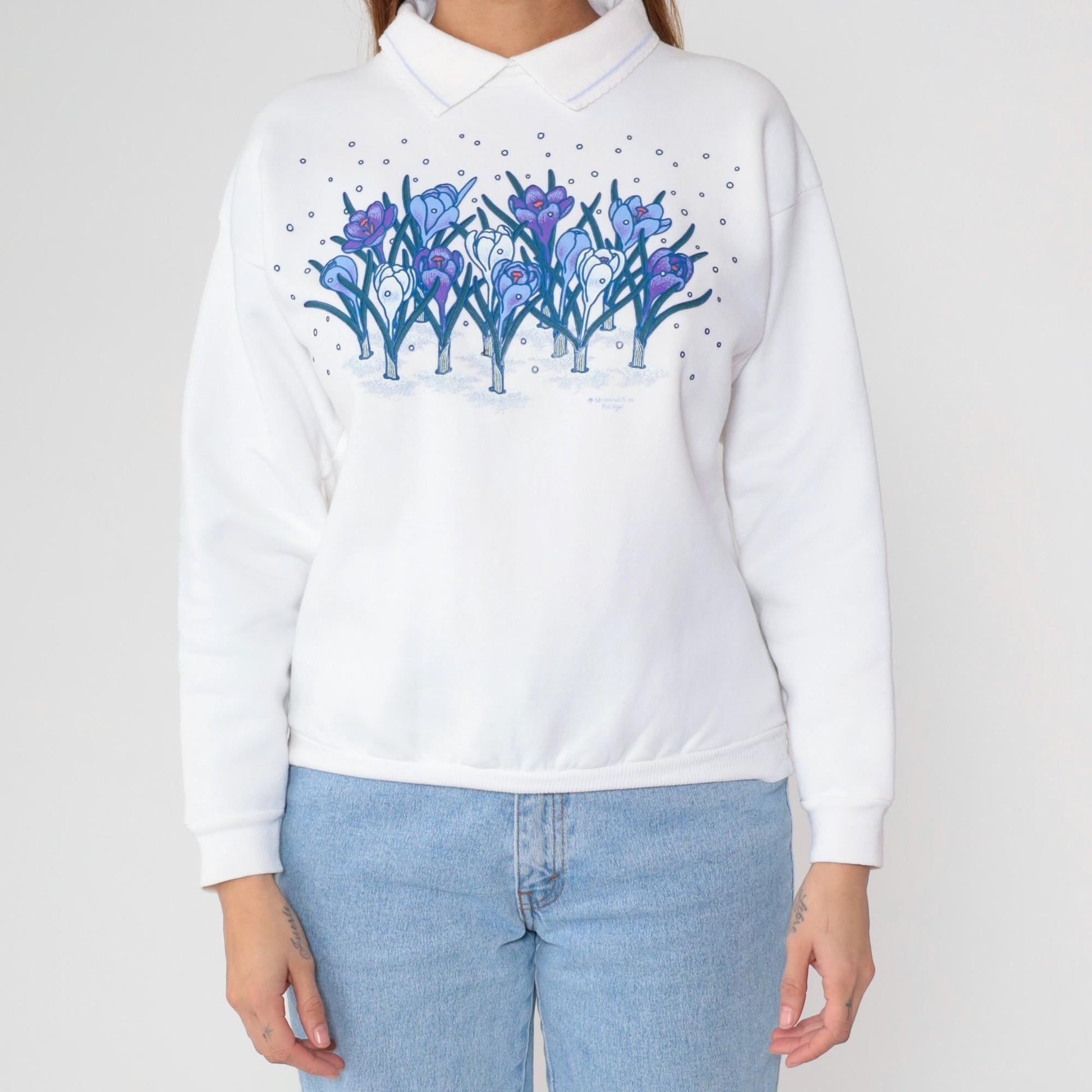 90s White Floral Puff Paint Collared Sweatshirt Medium M