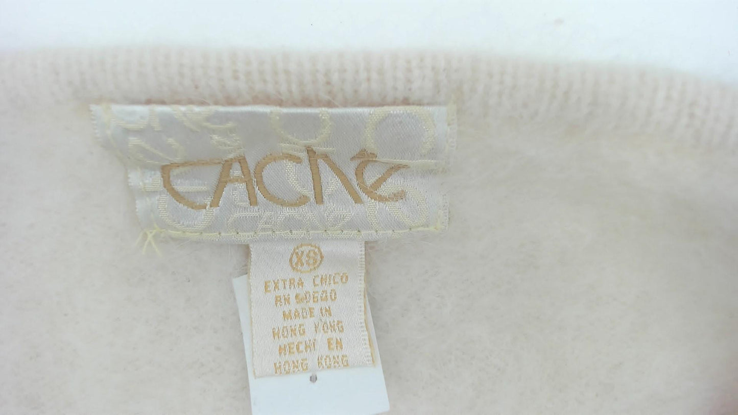 Y2K Cream Floral Crop Top Angora Embroidered V-Neck Extra Small XS