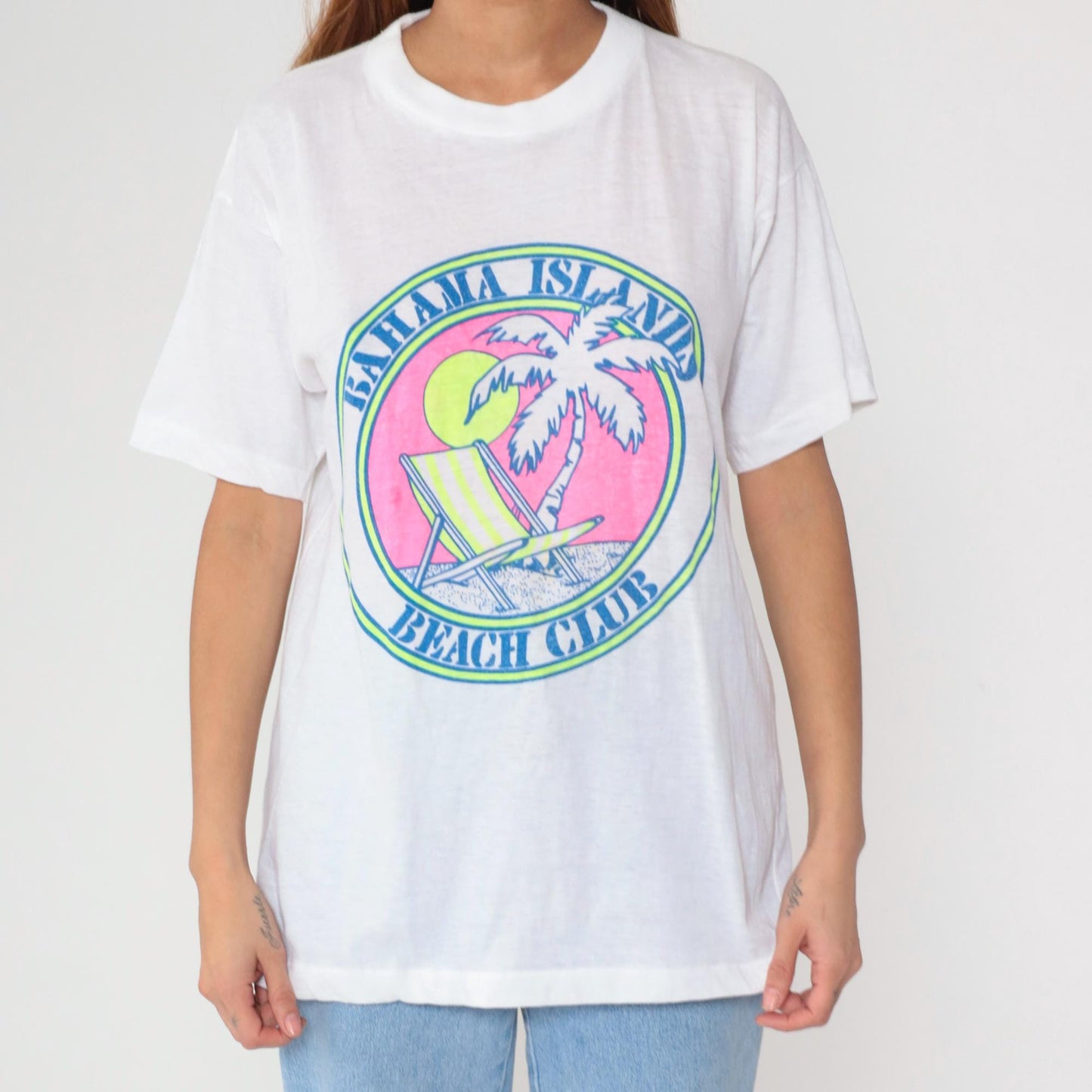 90s Bahama Islands Beach Club T-Shirt White Palm Tree Graphic Small