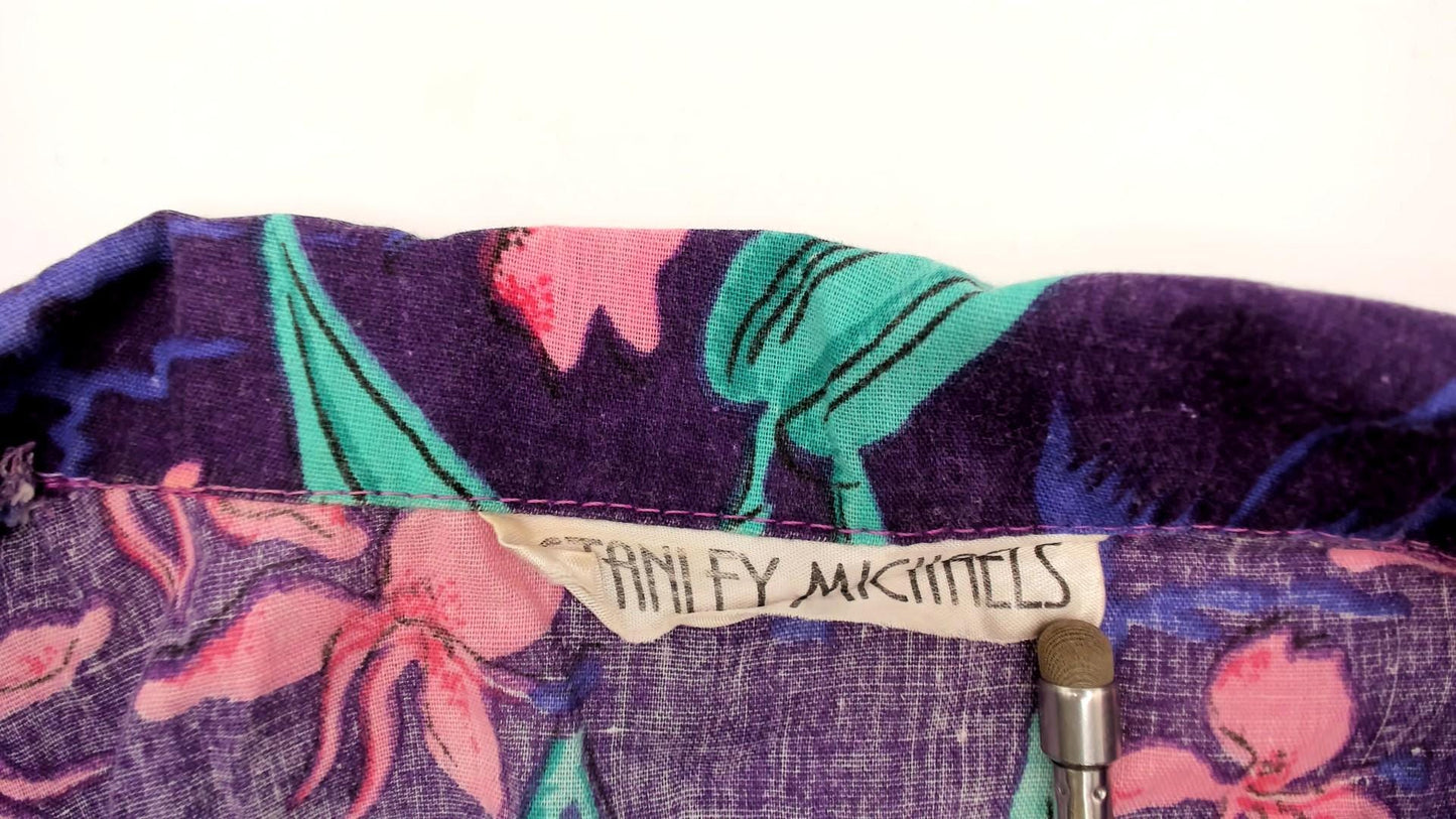 90s Tropical Floral Crop Top Hawaiian Print Tie Front Purple Small