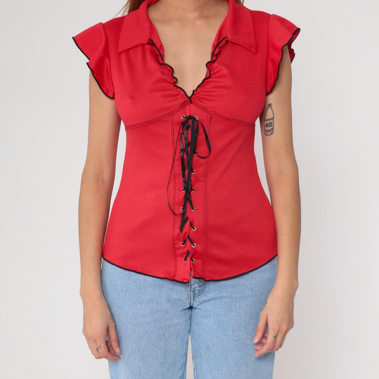 Y2K Red Lace-Up Corset Top Black Trim Ruffle Cap Sleeve Medium M