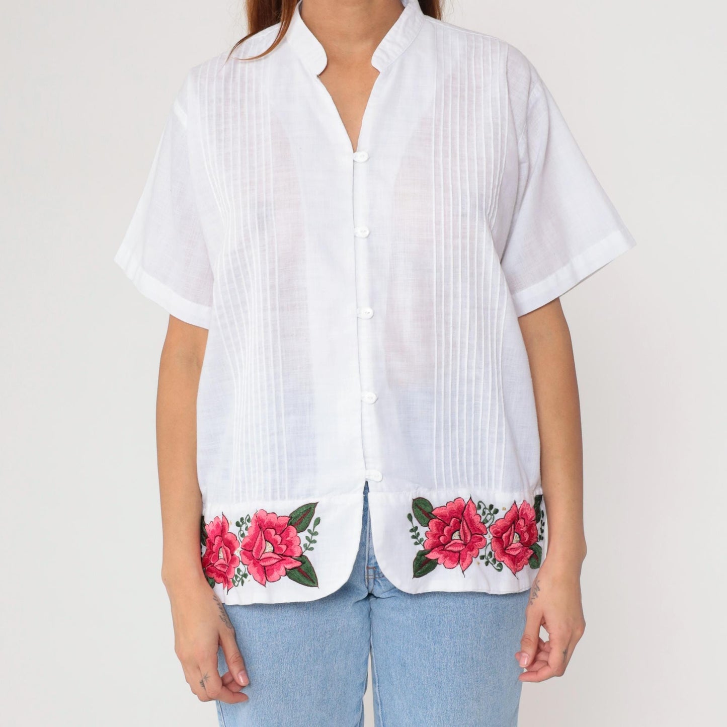 90s White Pink Rose Embroidered Button Down Blouse Mandarin Collar Large L
