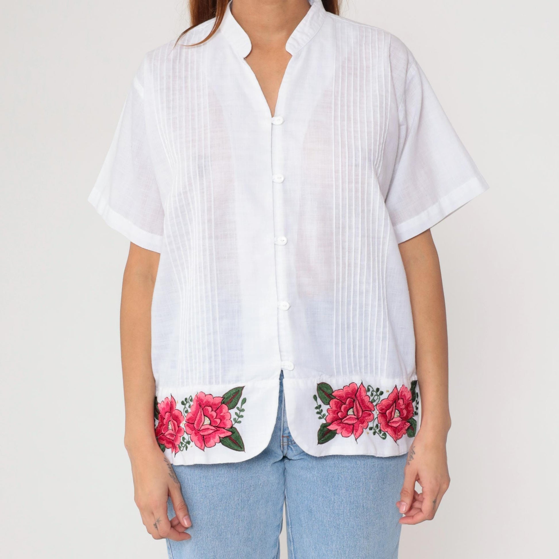 90s White Pink Rose Embroidered Button Down Blouse Mandarin Collar Large L