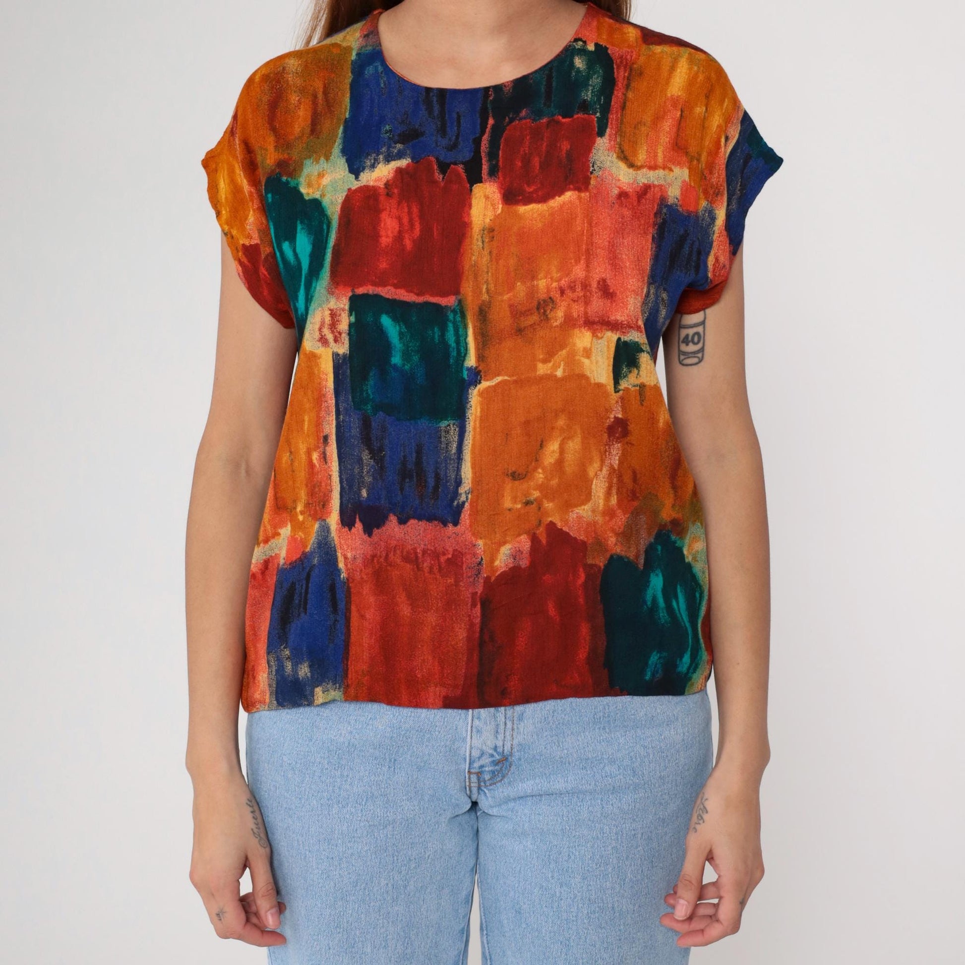 90s Watercolor Abstract Blouse Multicolor Brushstroke Rayon Short Sleeve Small S