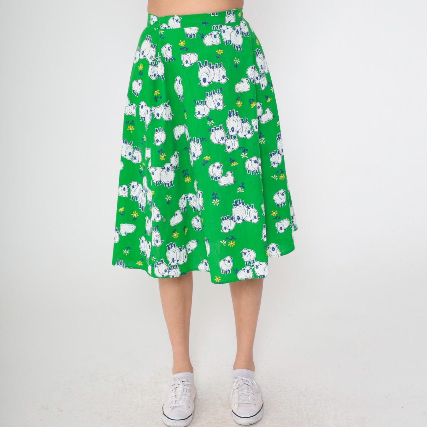 70s Sheep Print Midi Skirt Green A-Line Wrap Cotton Small Medium