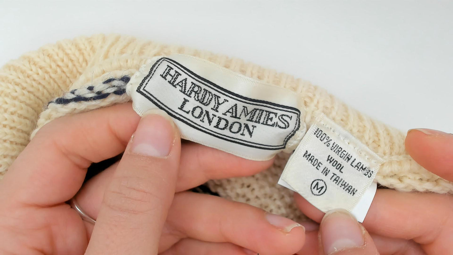 80s Hardy Amies London Wool Shawl Collar Sweater Cream Striped Medium