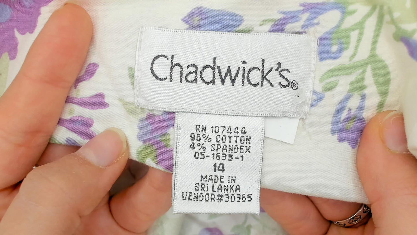 90s Chadwick's Floral Maxi Dress Button Front Cotton Scoop Neck White Pink Purple Large L