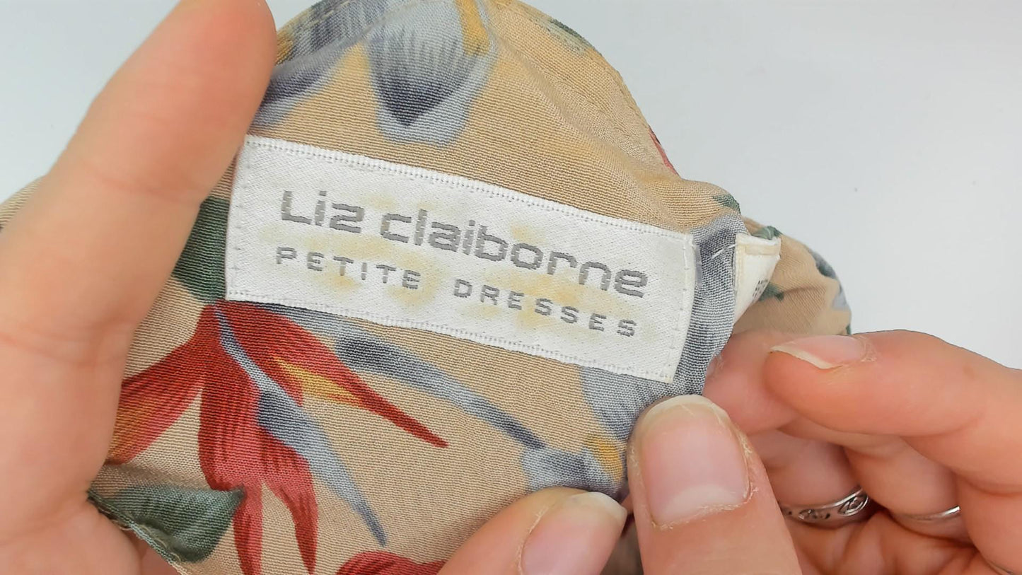 90s Liz Claiborne Floral Midi Dress Beige Rayon Button Front Belted Small