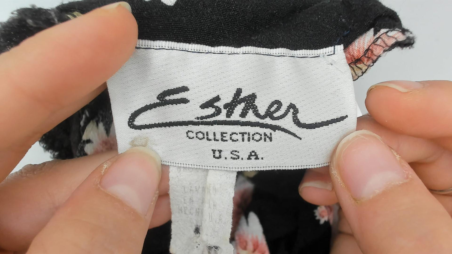 90s Esther Collection Black Daisy Floral Midi Dress Pink Print Small