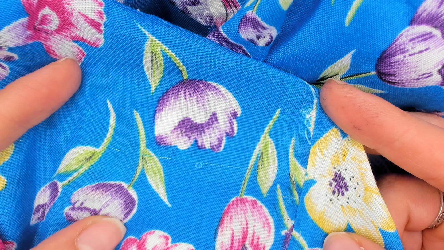 80s Blue Floral Tulip Mini Dress Sleeveless V Neck Babydoll Pockets Small