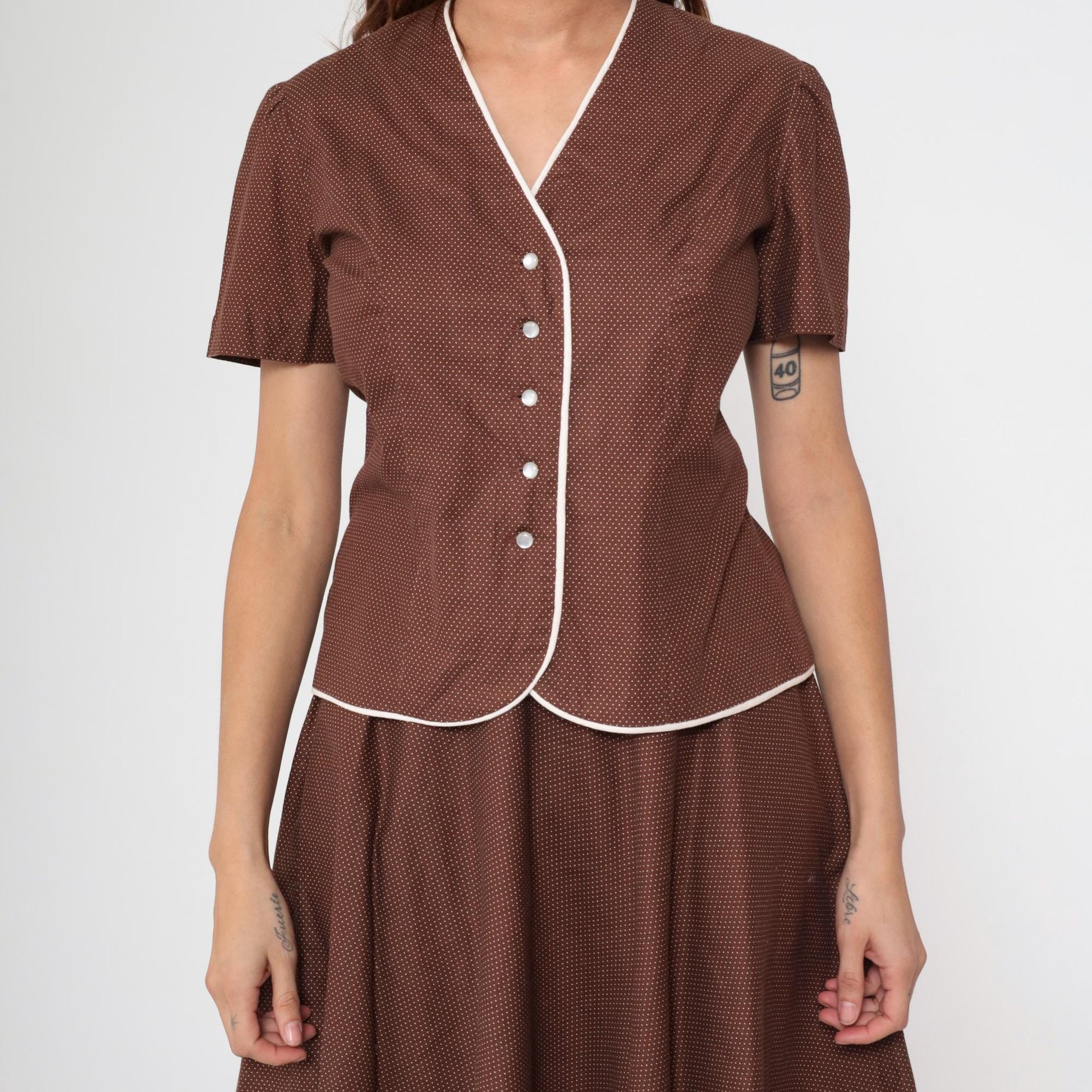 70s Brown Swiss Dot Two Piece Set Short Sleeve Blouse Pleated Mini Skirt Medium