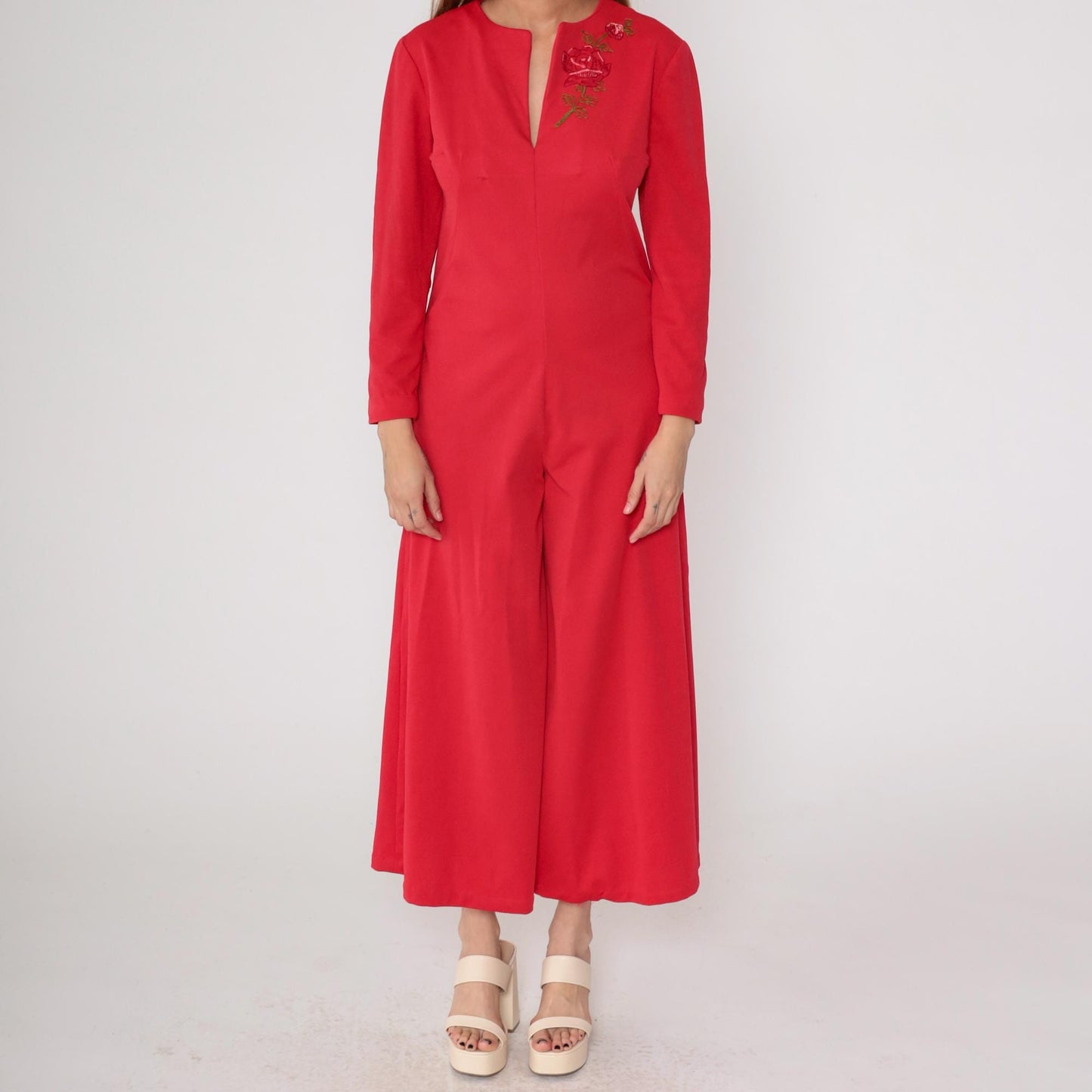70s Red Jumpsuit Rose Embroidered Wide Leg V-Neck Long Sleeve Medium