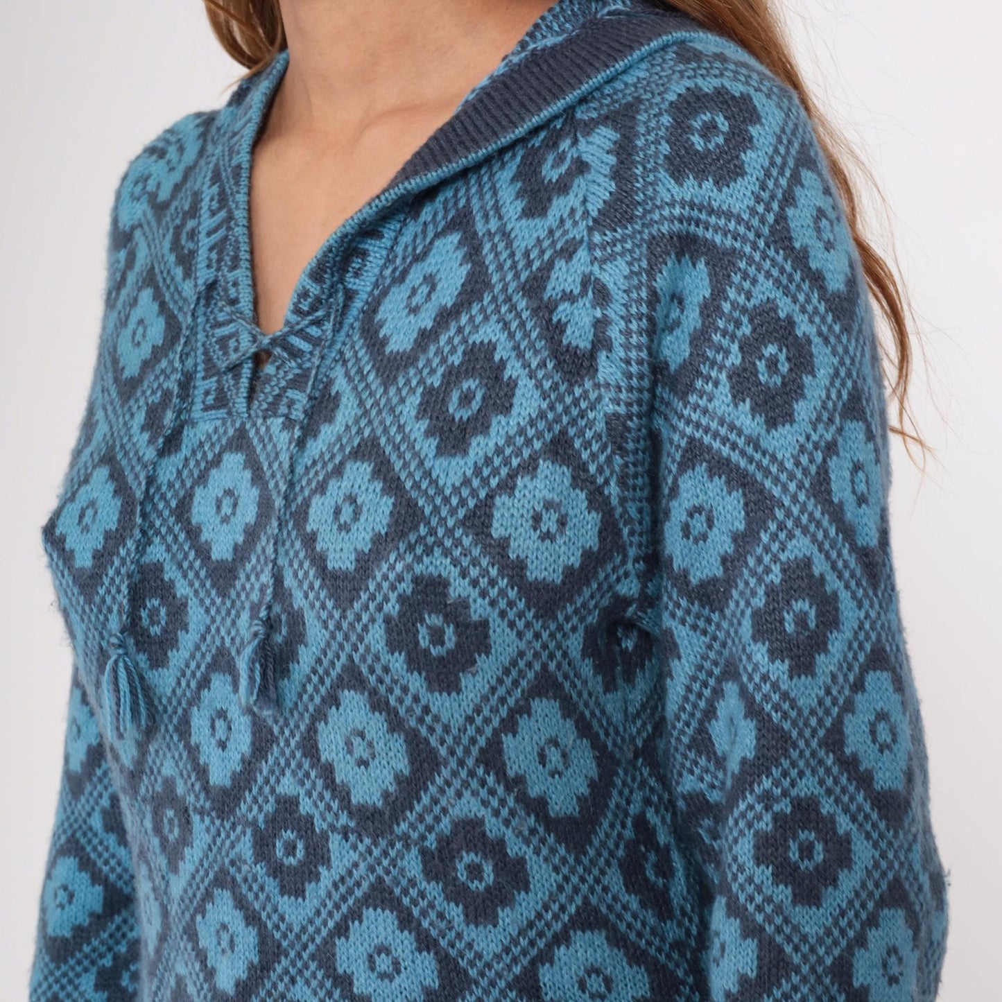 Y2K Slate Blue Geometric Southwest Hoodie Pullover Knit Medium M