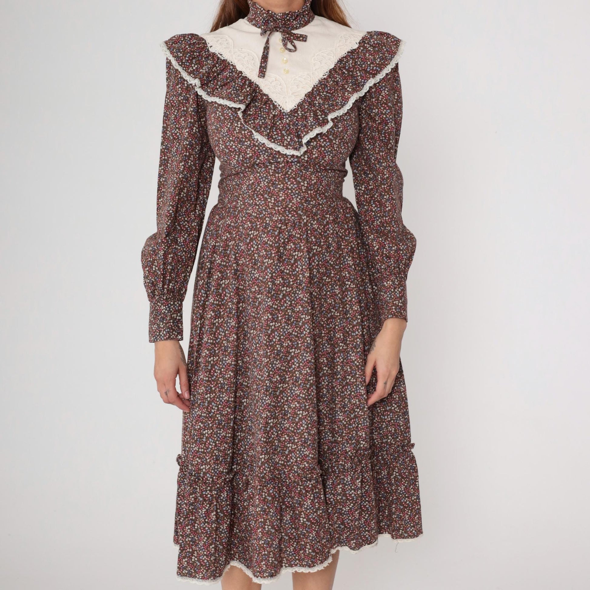 70s Gunne Sax Prairie Dress Brown Floral Cotton Midi Long Sleeve Small
