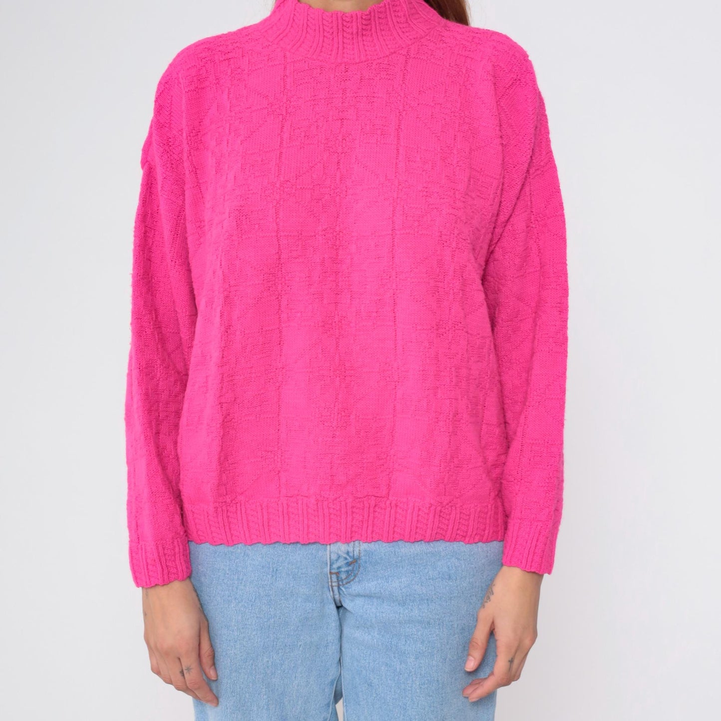90s Hot Pink Mock Neck Sweater Textured Geometric Knit Medium M