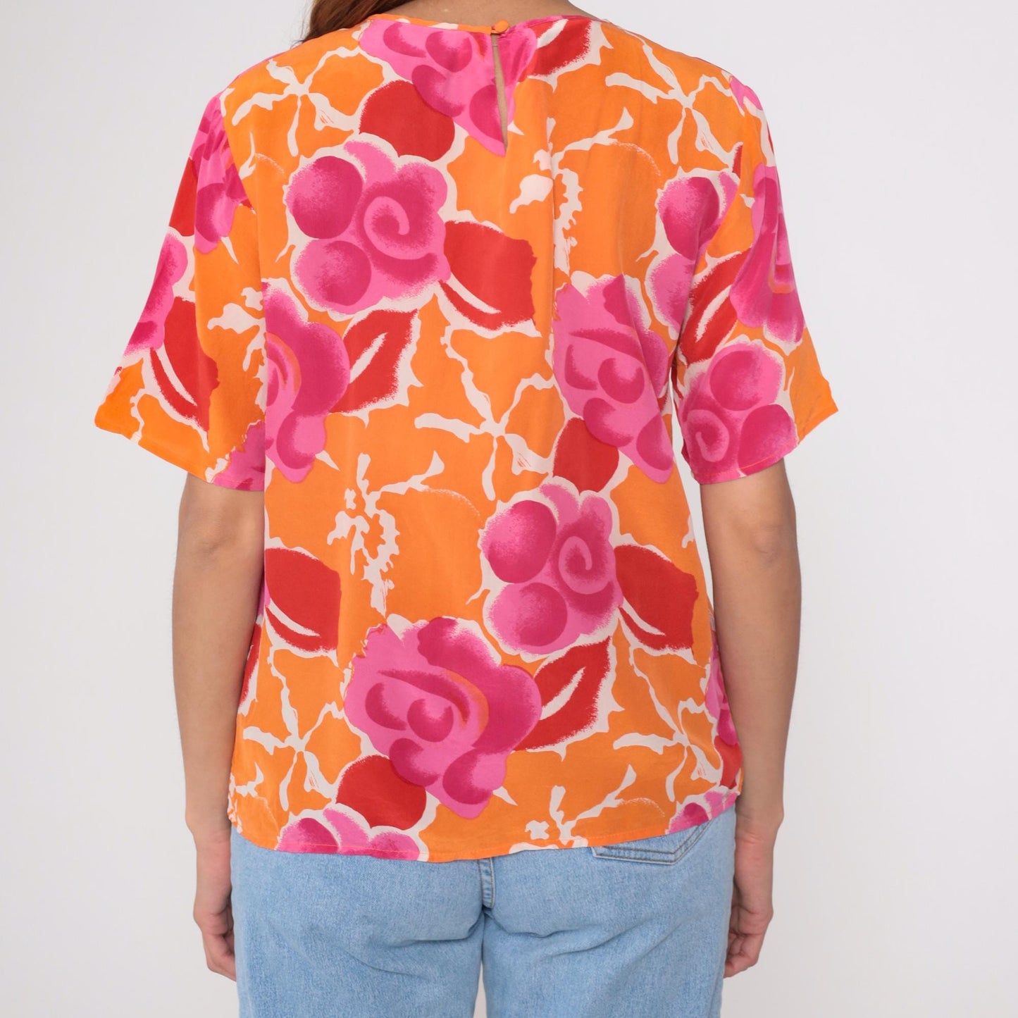 Y2K Christie and Jill Silk Blouse Floral Orange Pink Short Sleeve Medium M