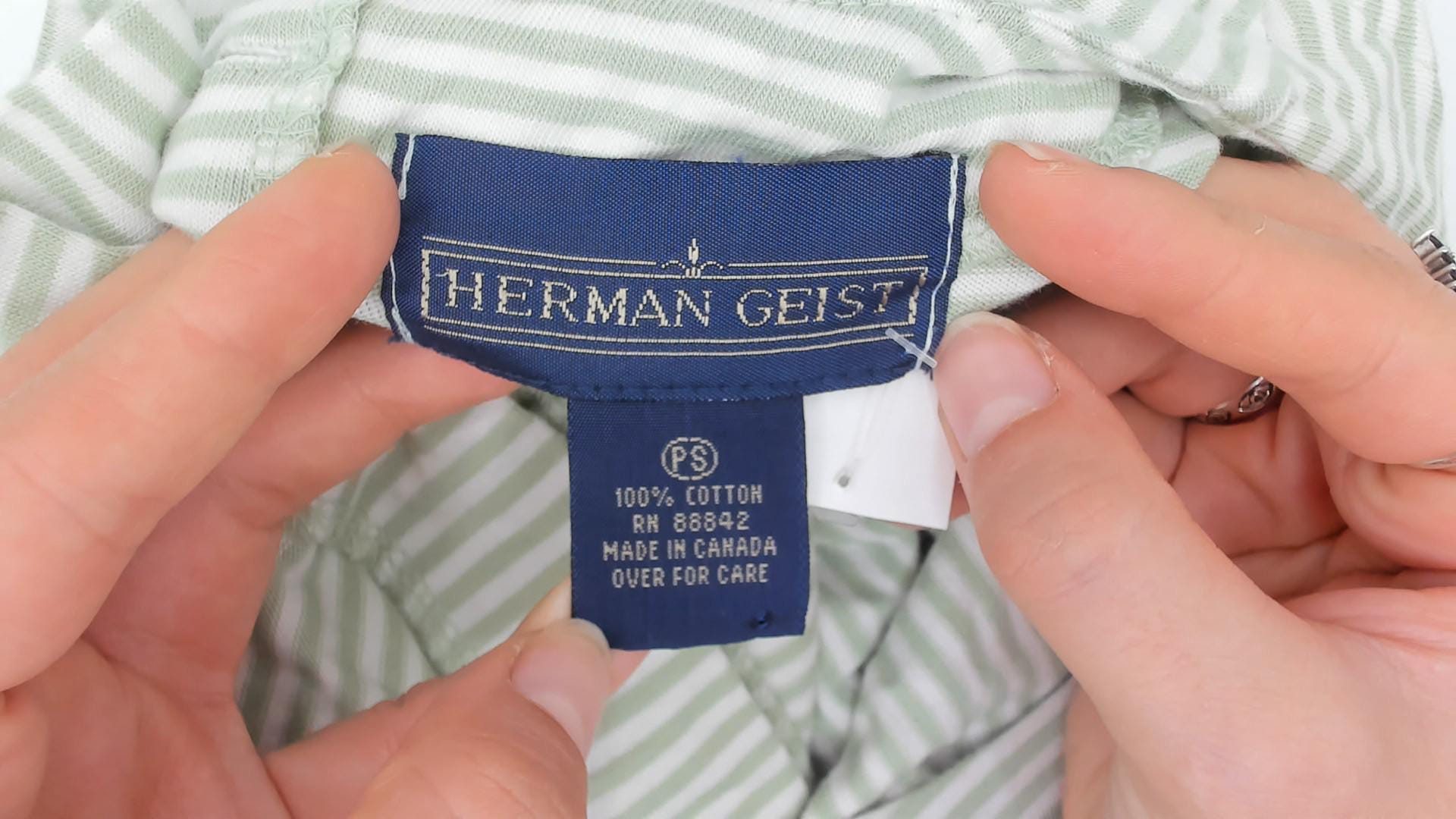 80s Herman Geist Mint Striped Cotton Dress Elastic Waist Button Back Small