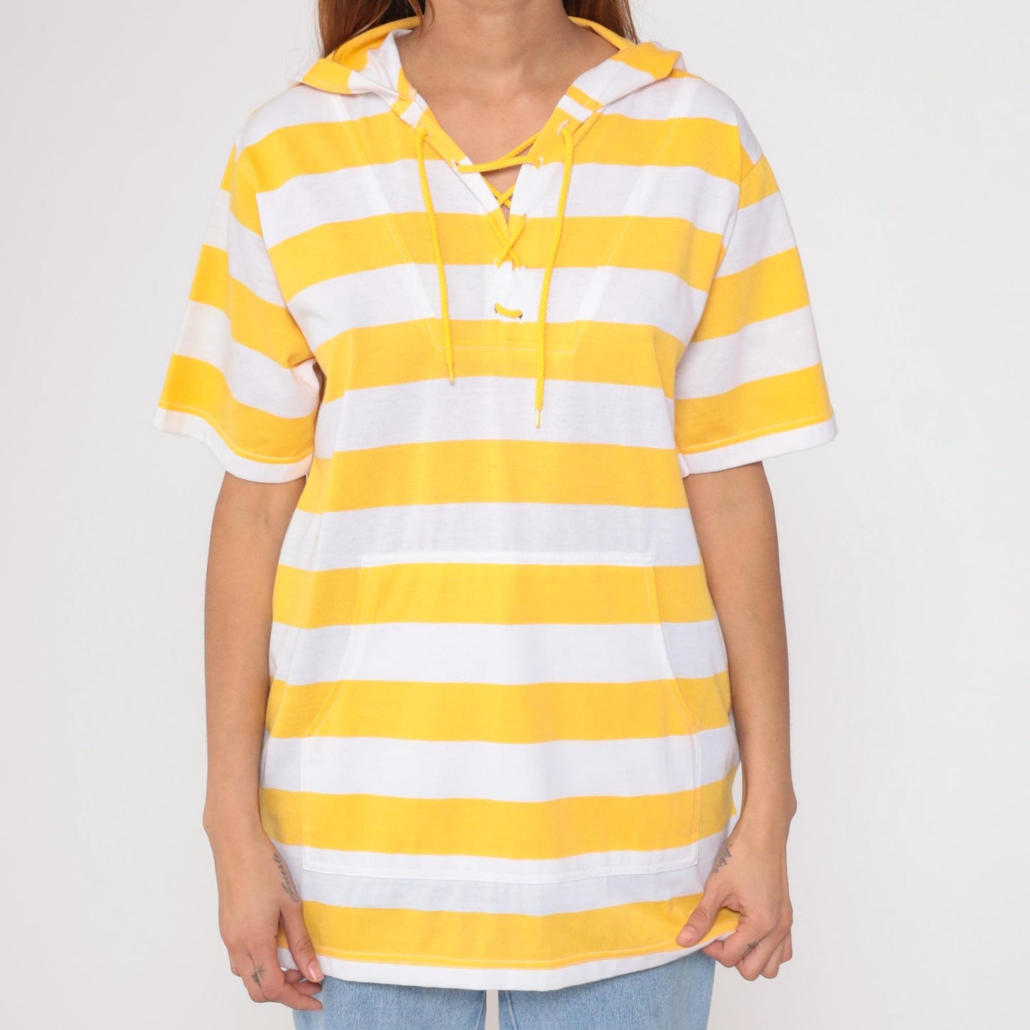 90s Yellow White Striped Short Sleeve Hooded Shirt Lace-Up V-Neck Small