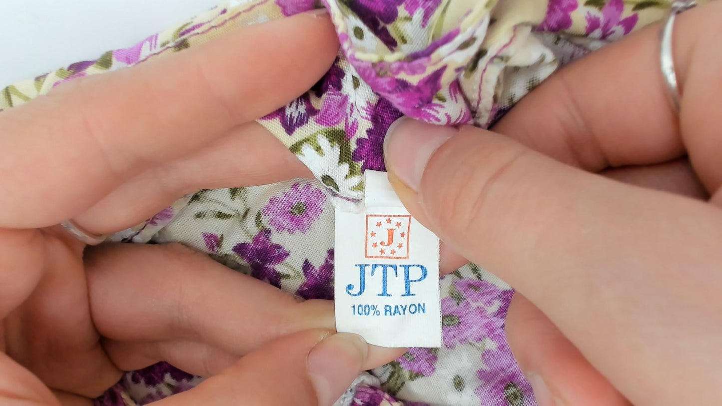 90s JTP Ditsy Floral Zip Front Dress Purple Rayon Knee Length Medium Large