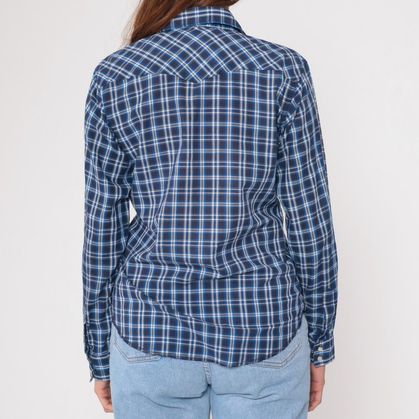 90s Rustler Blue Plaid Flannel Pearl Snap Shirt Medium