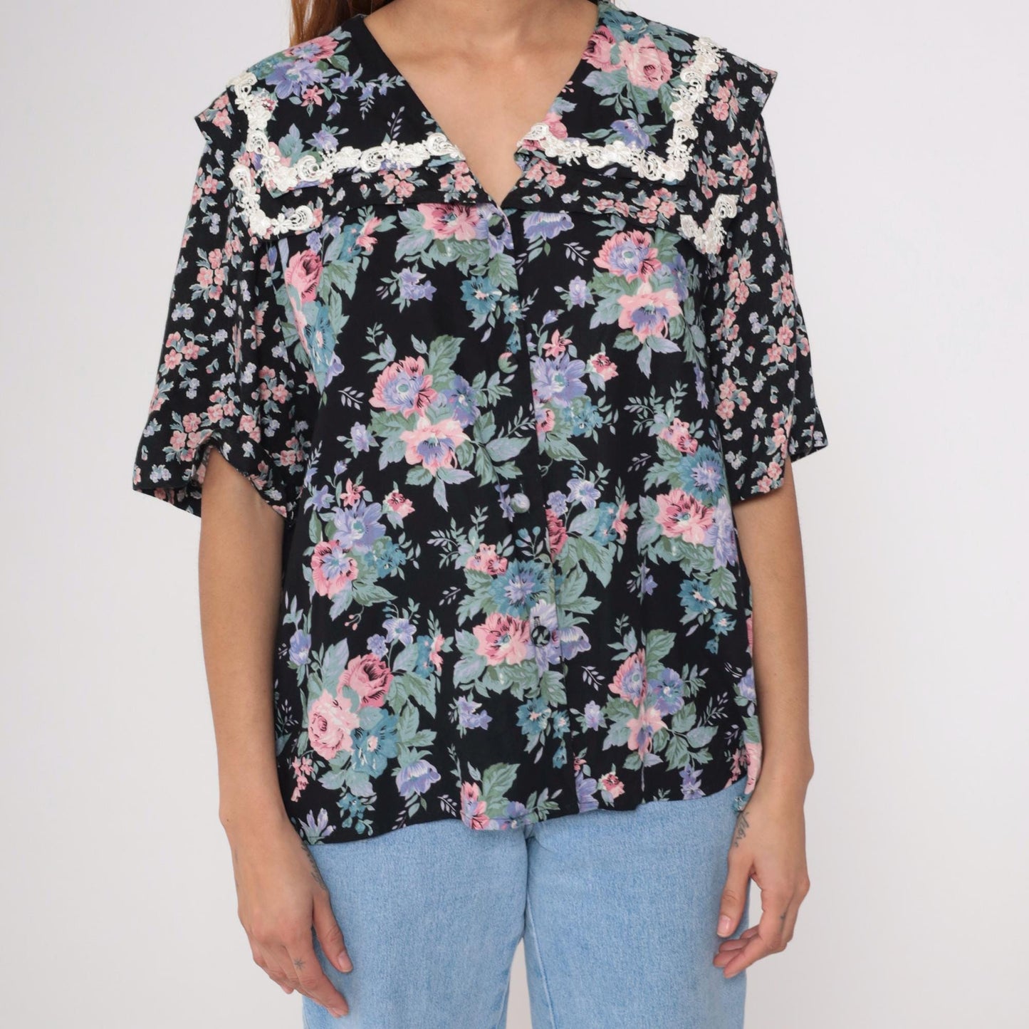 90s Liz Baker Floral Button Up Blouse Black Rayon Pink Purple Flowers Lace Collar Plus Size 20