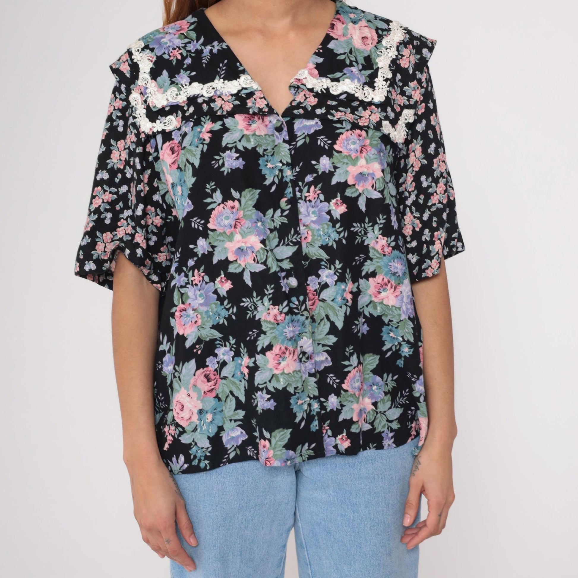 90s Liz Baker Floral Button Up Blouse Black Rayon Pink Purple Flowers Lace Collar Plus Size 20