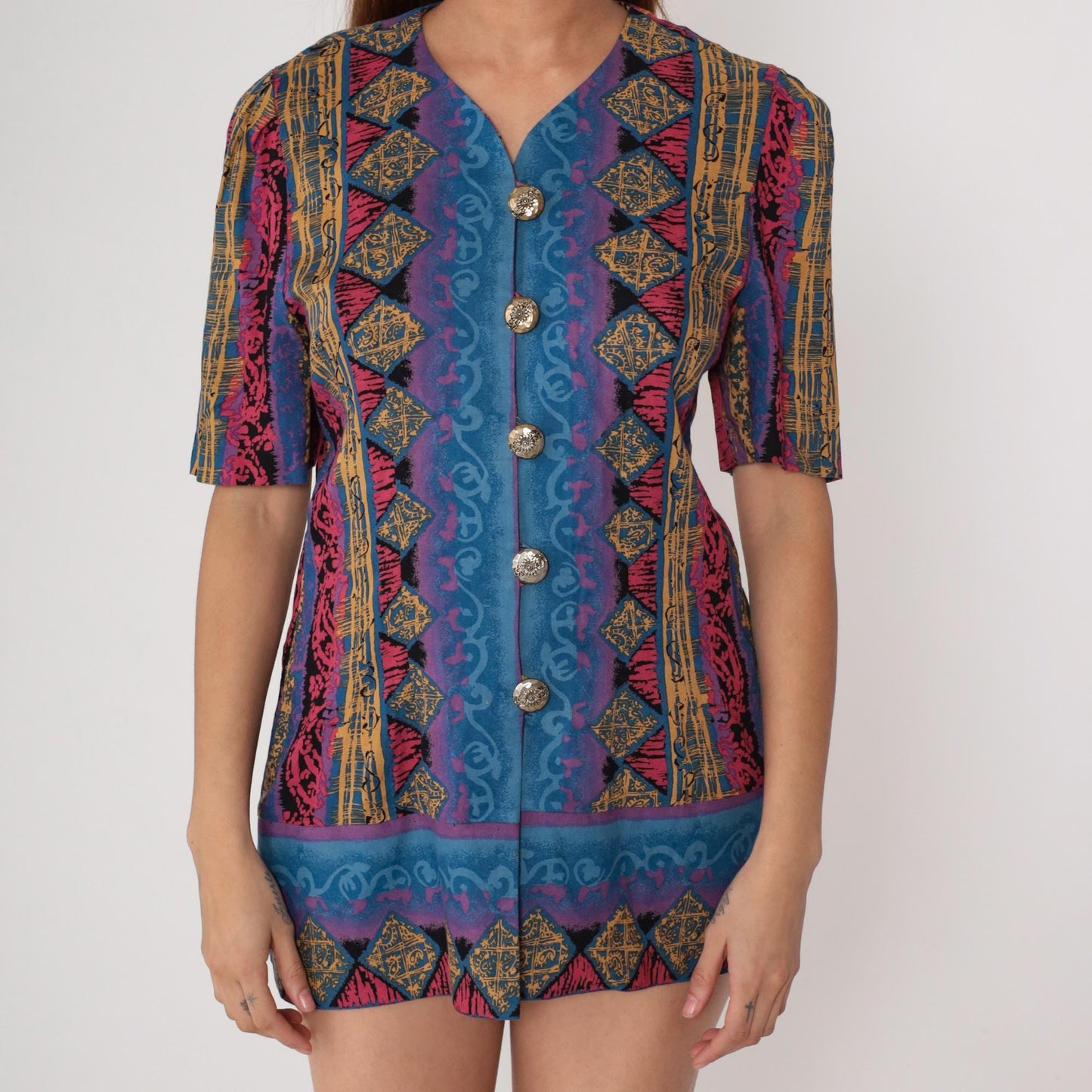 90s Tribal Geometric Mini Dress Blue Pink Gold Button Front Short Sleeve Medium