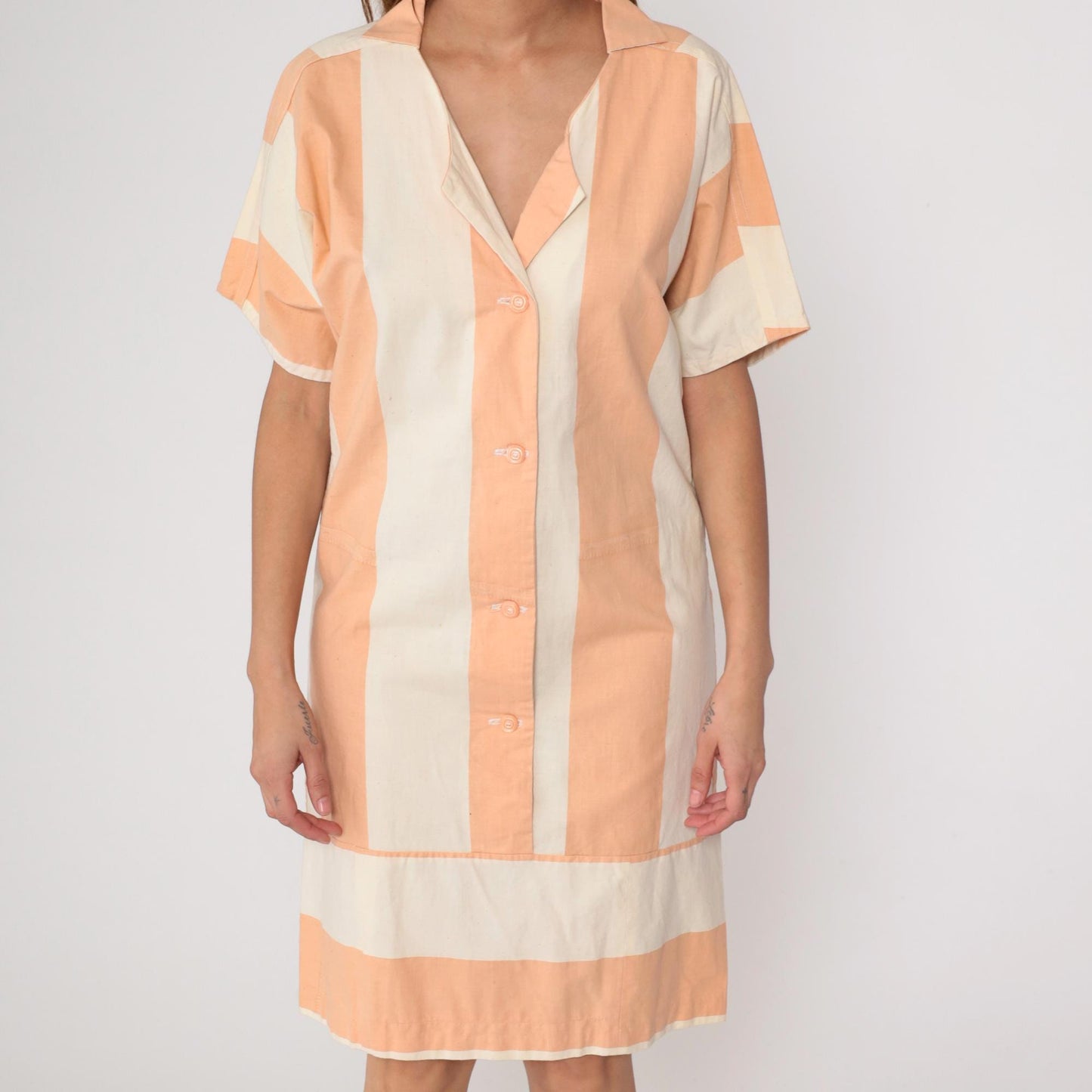 80s Peach Cream Striped Shirt Dress Button Front Collar Cotton Medium