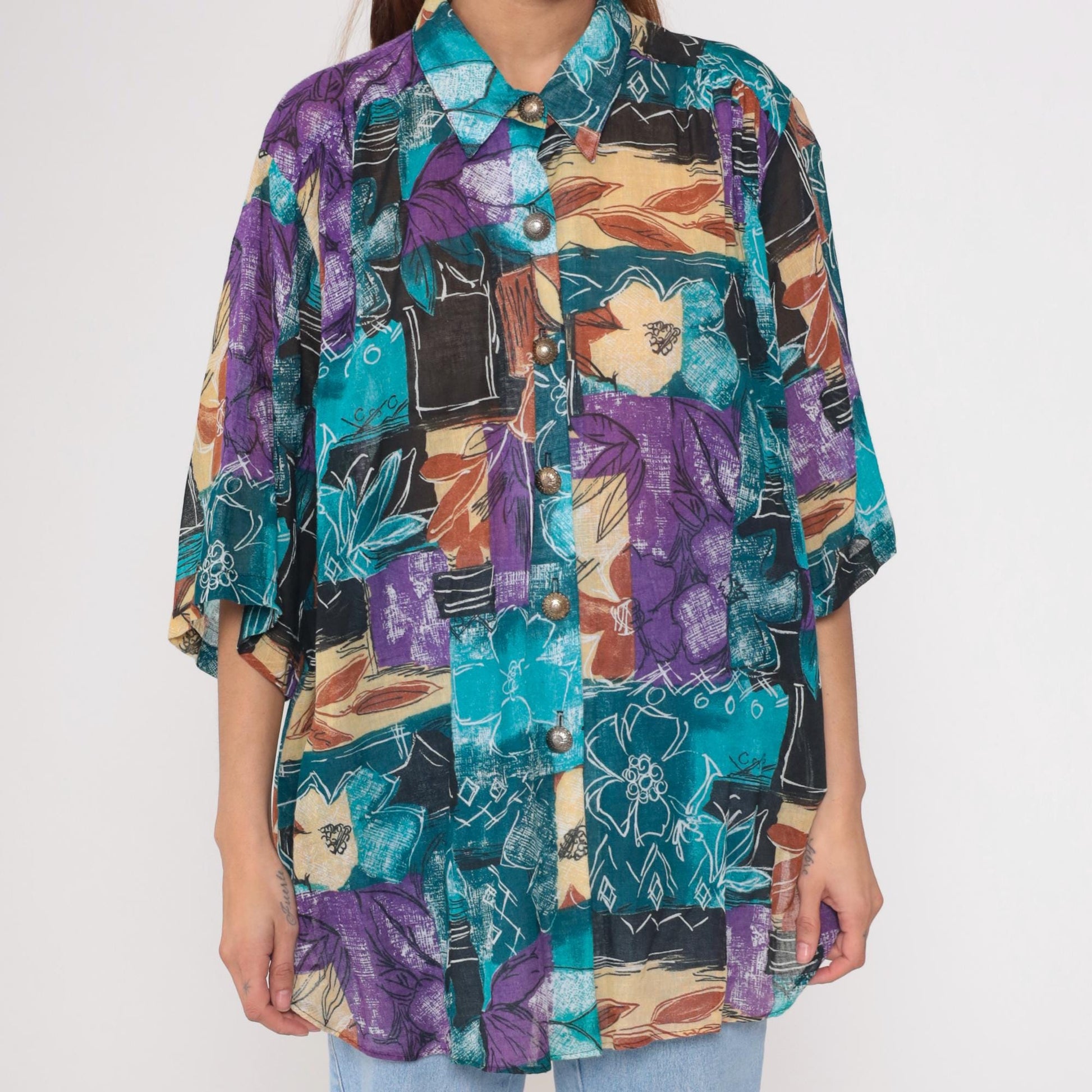 90s Joanna Abstract Watercolor Floral Button Down Blouse Teal Purple Extra Large