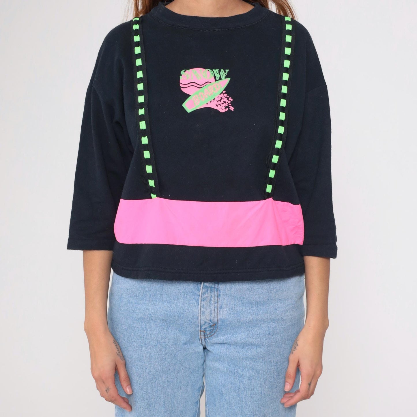 90s Obvious Snowboard Sweatshirt Black Neon Pink Green Cropped Medium M