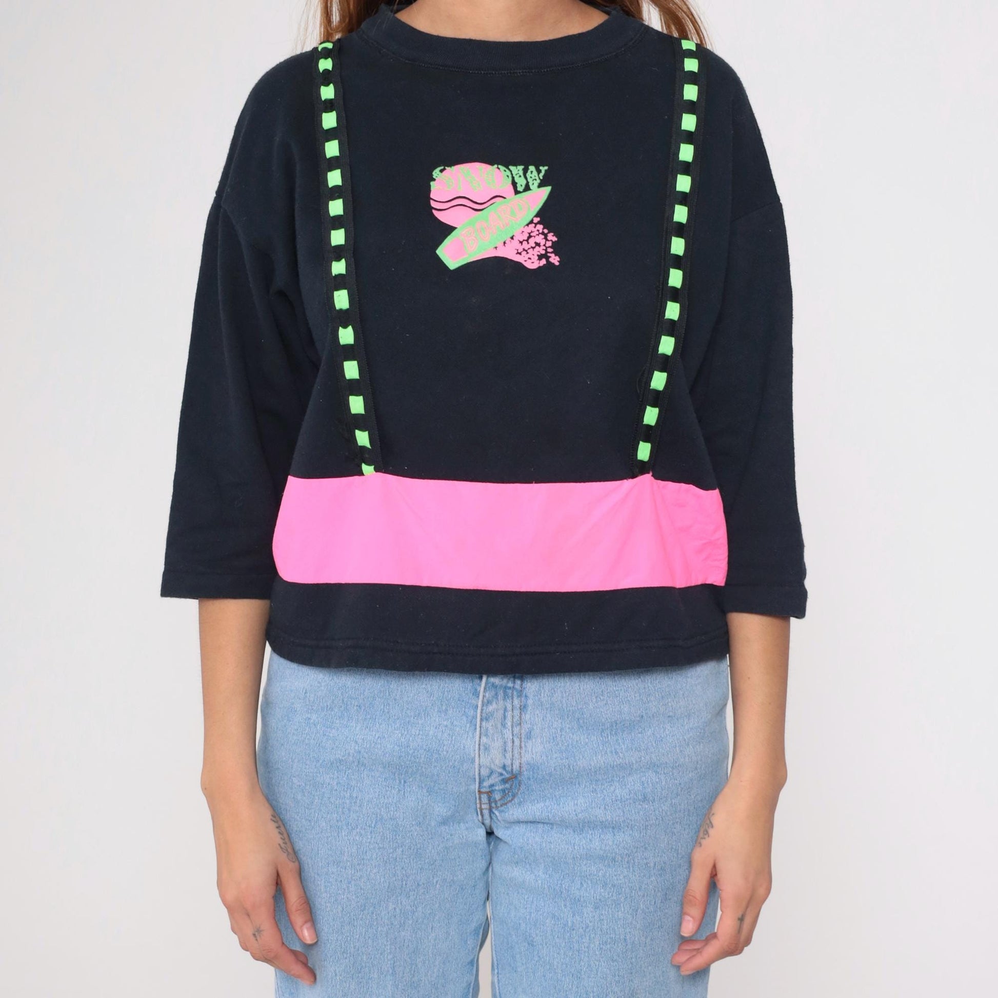 90s Obvious Snowboard Sweatshirt Black Neon Pink Green Cropped Medium M