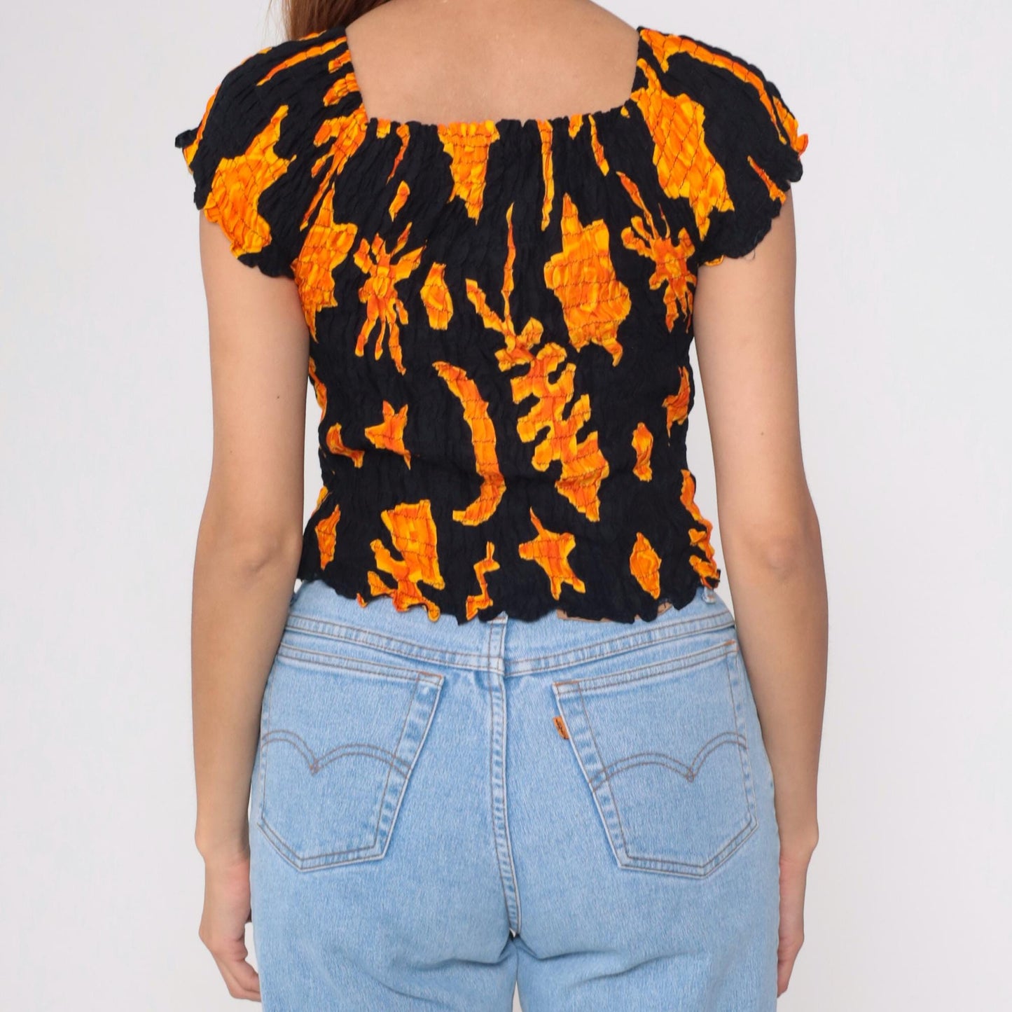 Y2K Shore Line Batik Smocked Crop Top Black Orange Cap Sleeve Small Medium