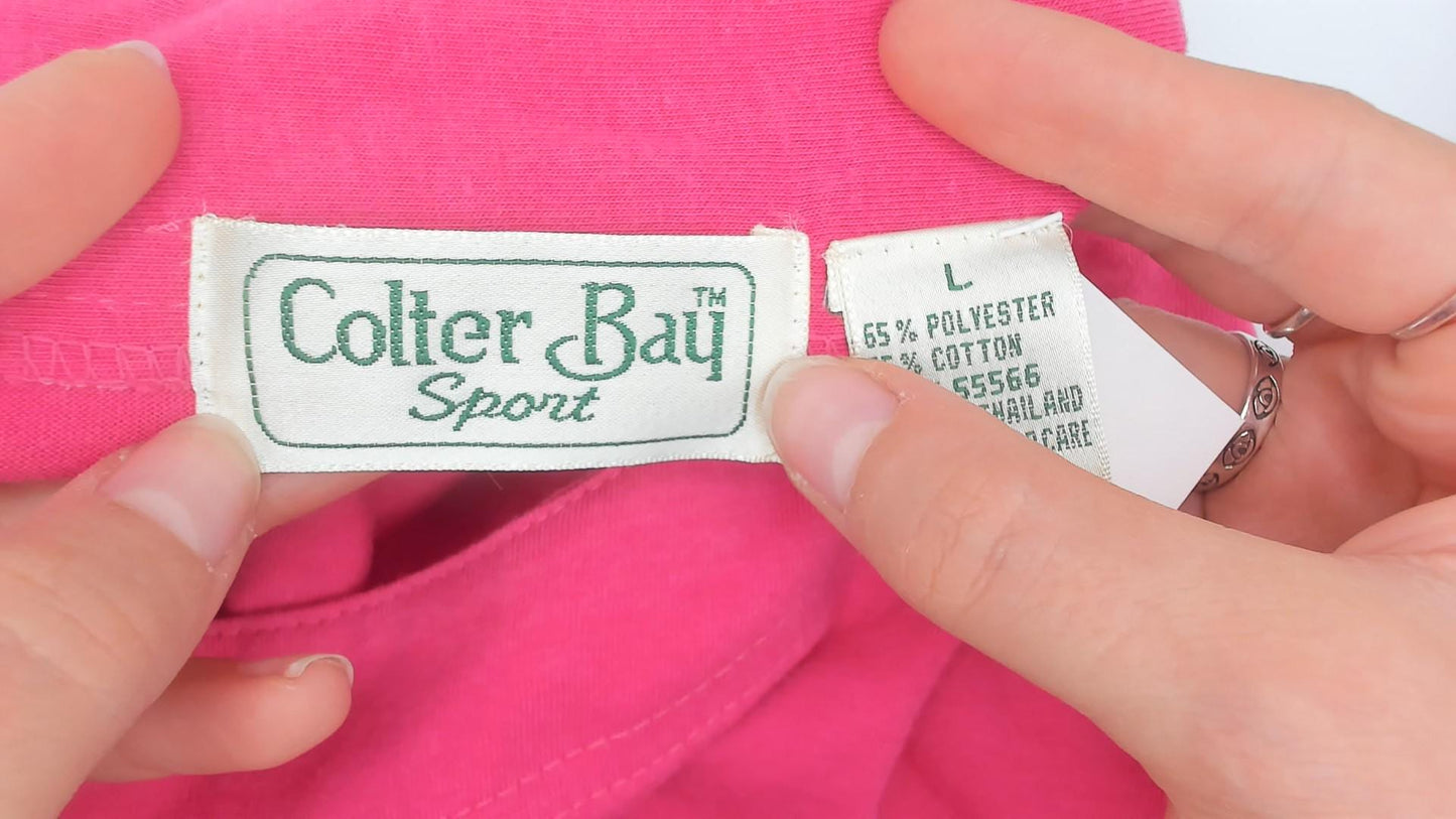 90s Colter Bay Sport Hot Pink T-Shirt Floral Embroidered Pocket Tee Large L