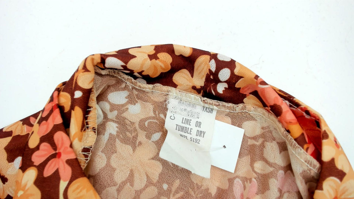 80s Floral Midi Dress Brown Orange Yellow V-Neck Peplum Waist Short Sleeve Medium