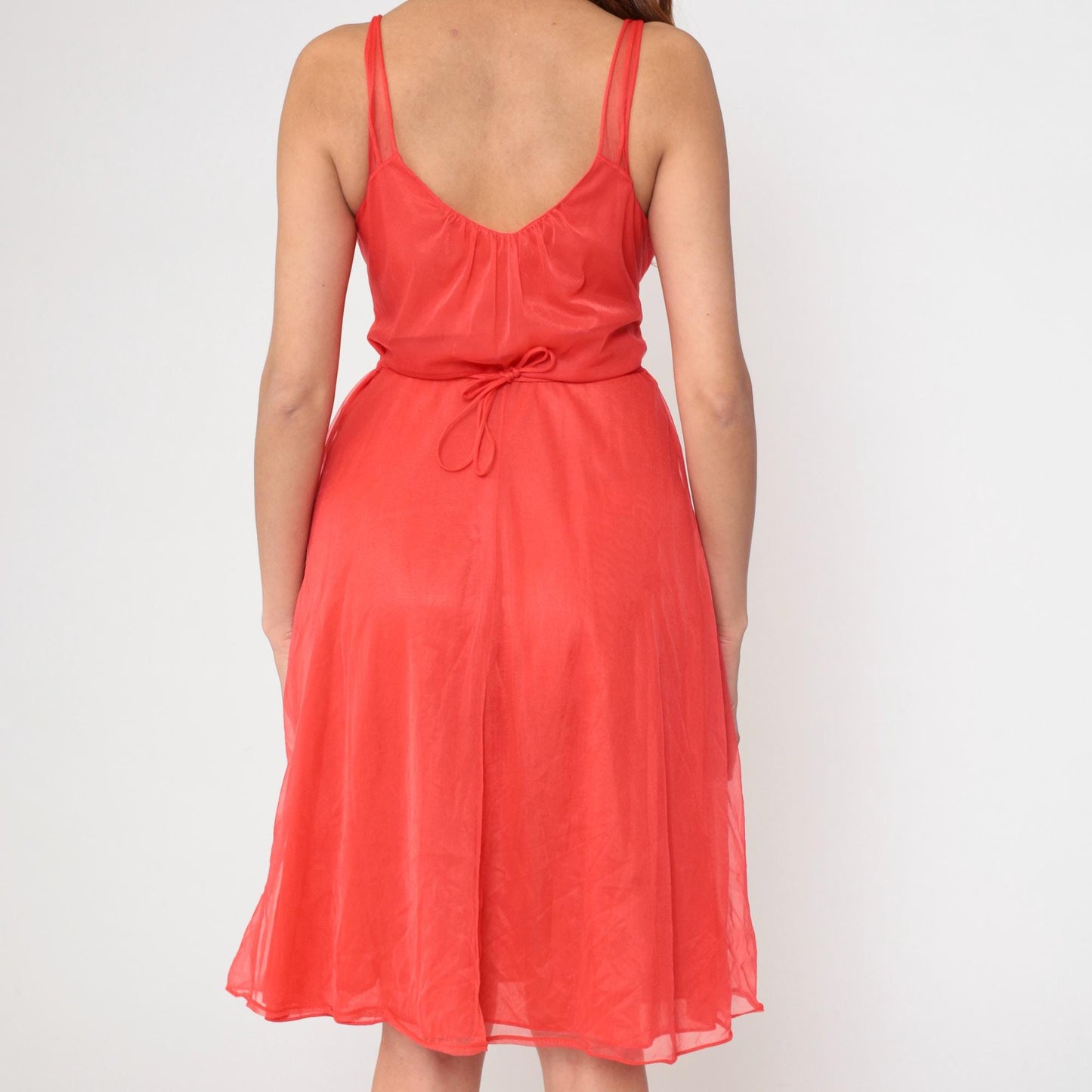 70s Red Nylon Lingerie Slip Dress Floral Embroidered Empire Waist Midi Medium