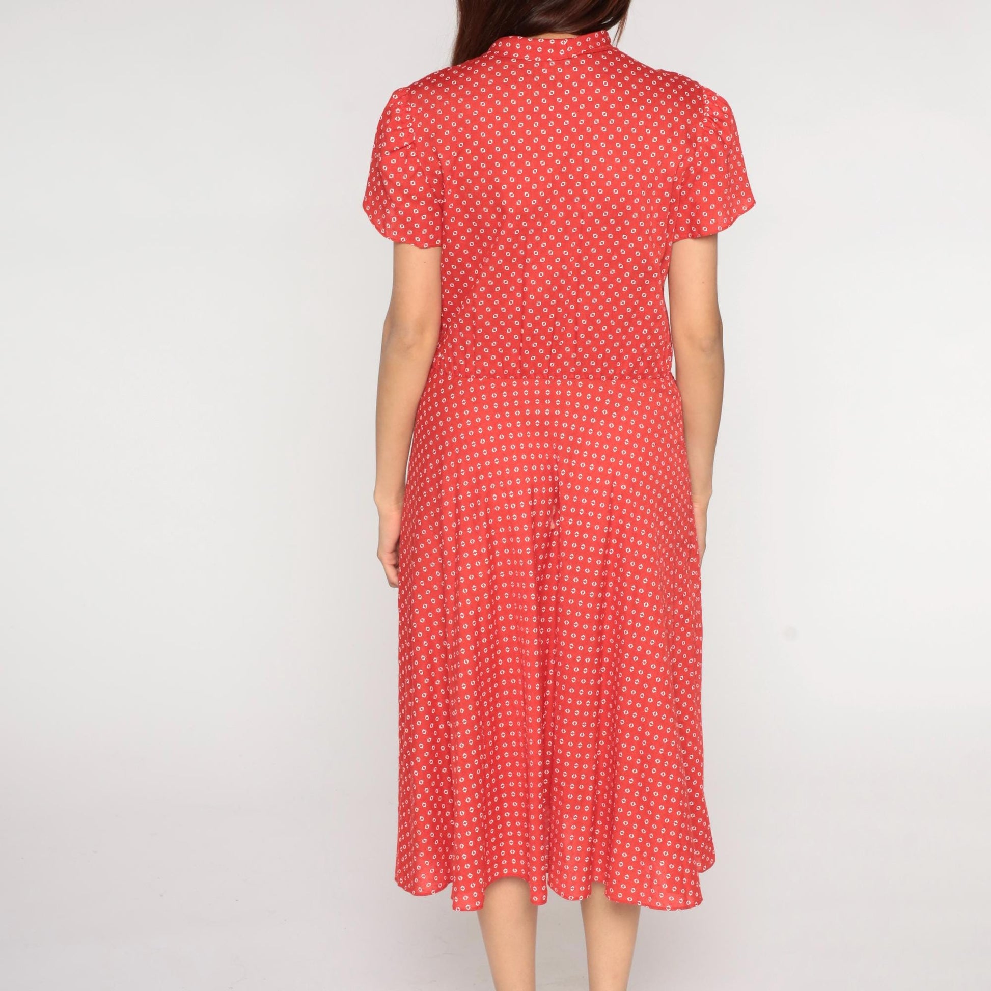 1970s Robbie Bee Red Geometric Diamond Print Midi Dress Bow Tie Medium