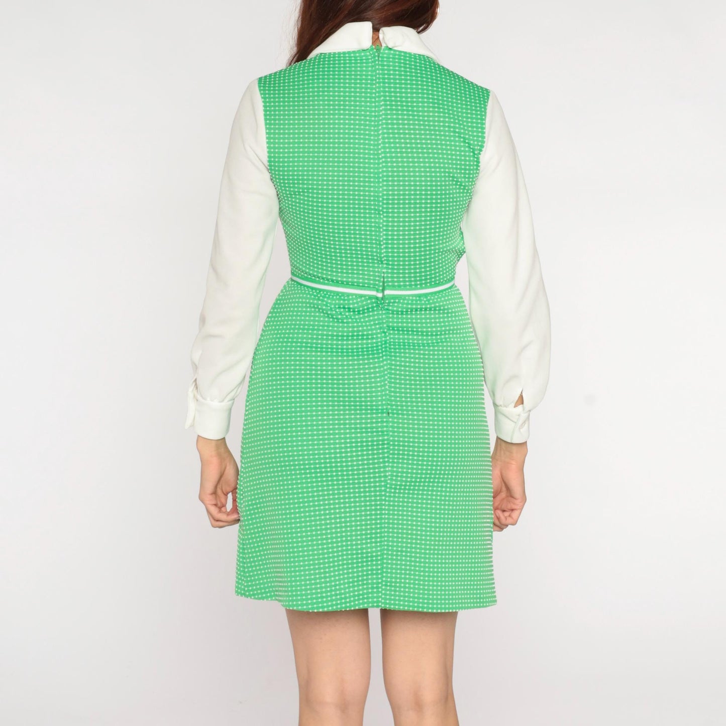 70s Connections Mini Dress Kelly Green Polka Dot Mod Collar XS