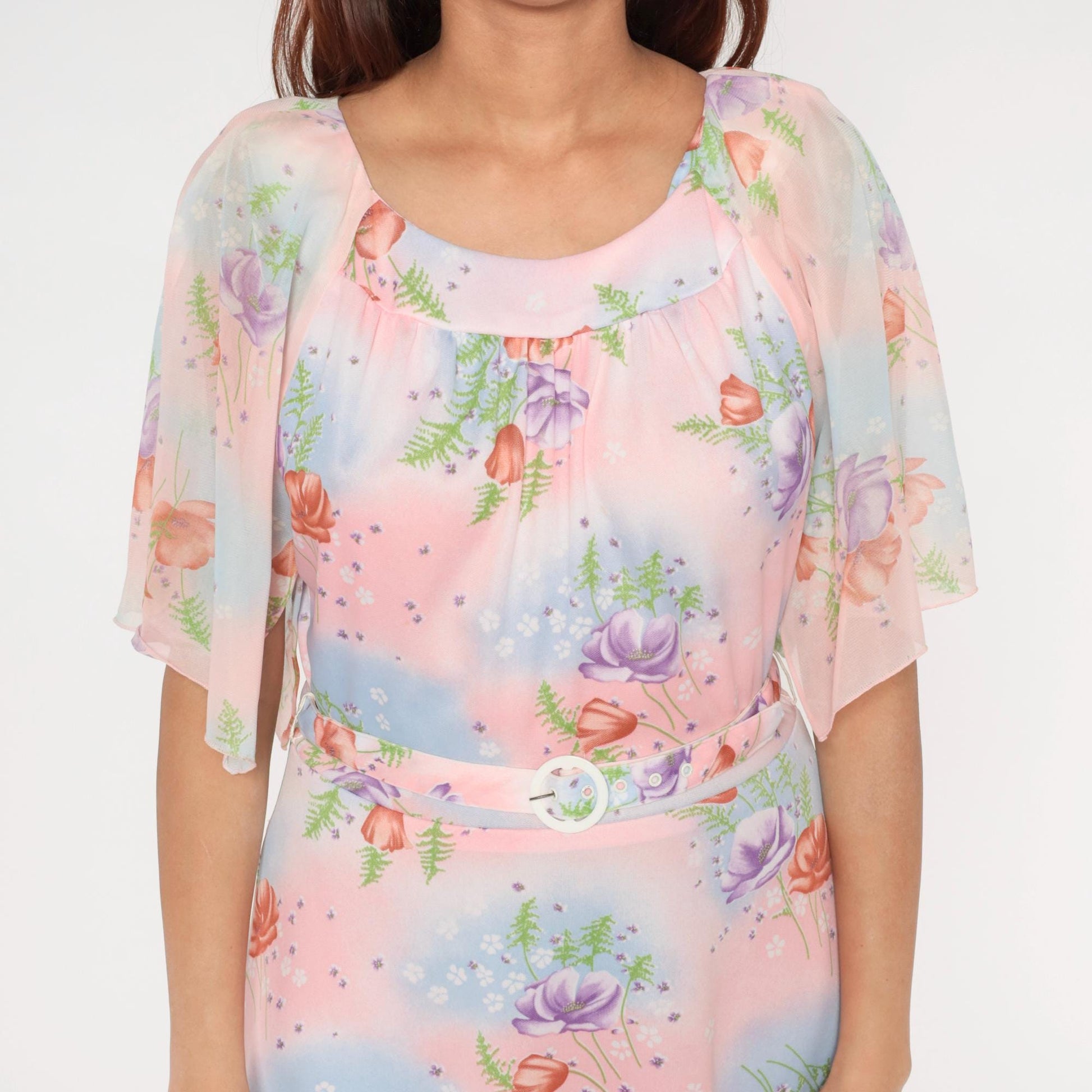 70s Lane Bryant Floral Midi Dress Pink Blue Rose Print Peter Pan Collar Large